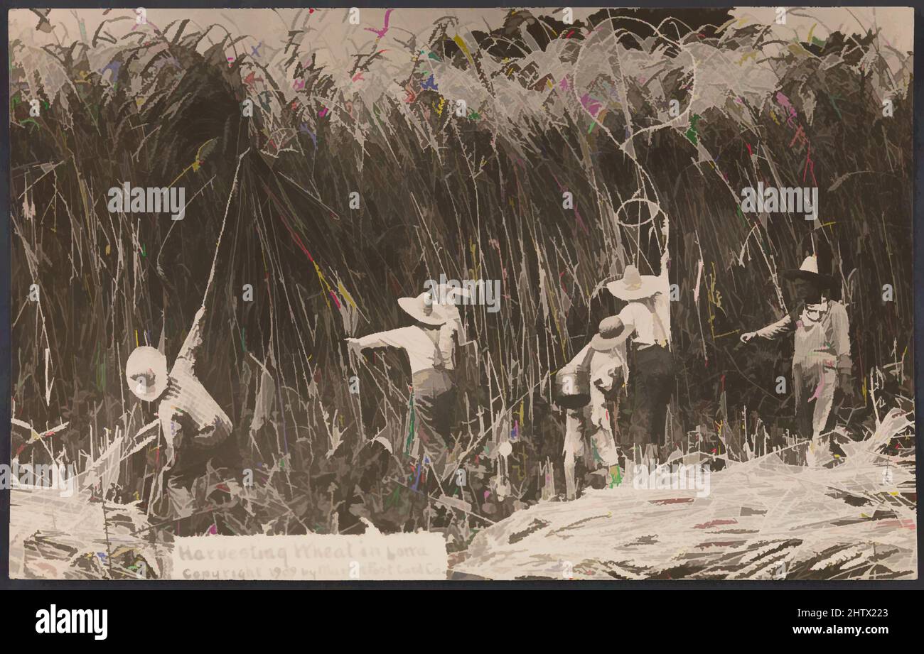 Art Inspired by Harvesting Wheat in Iowa, 1909, gelatina stampa d'argento, Image: 8,4 x 14 cm (3 5/16 x 5 1/2 in.), Photographs, William H. Martin (American, 1865–1940), la cartolina da favola era un genere unico americano che fiorì nel Midwest tra circa 1908 e 1915. Le opere, Classic modernizzate da Artotop con un tuffo di modernità. Forme, colore e valore, impatto visivo accattivante sulle emozioni artistiche attraverso la libertà delle opere d'arte in modo contemporaneo. Un messaggio senza tempo che persegue una nuova direzione selvaggiamente creativa. Artisti che si rivolgono al supporto digitale e creano l'NFT Artotop Foto Stock