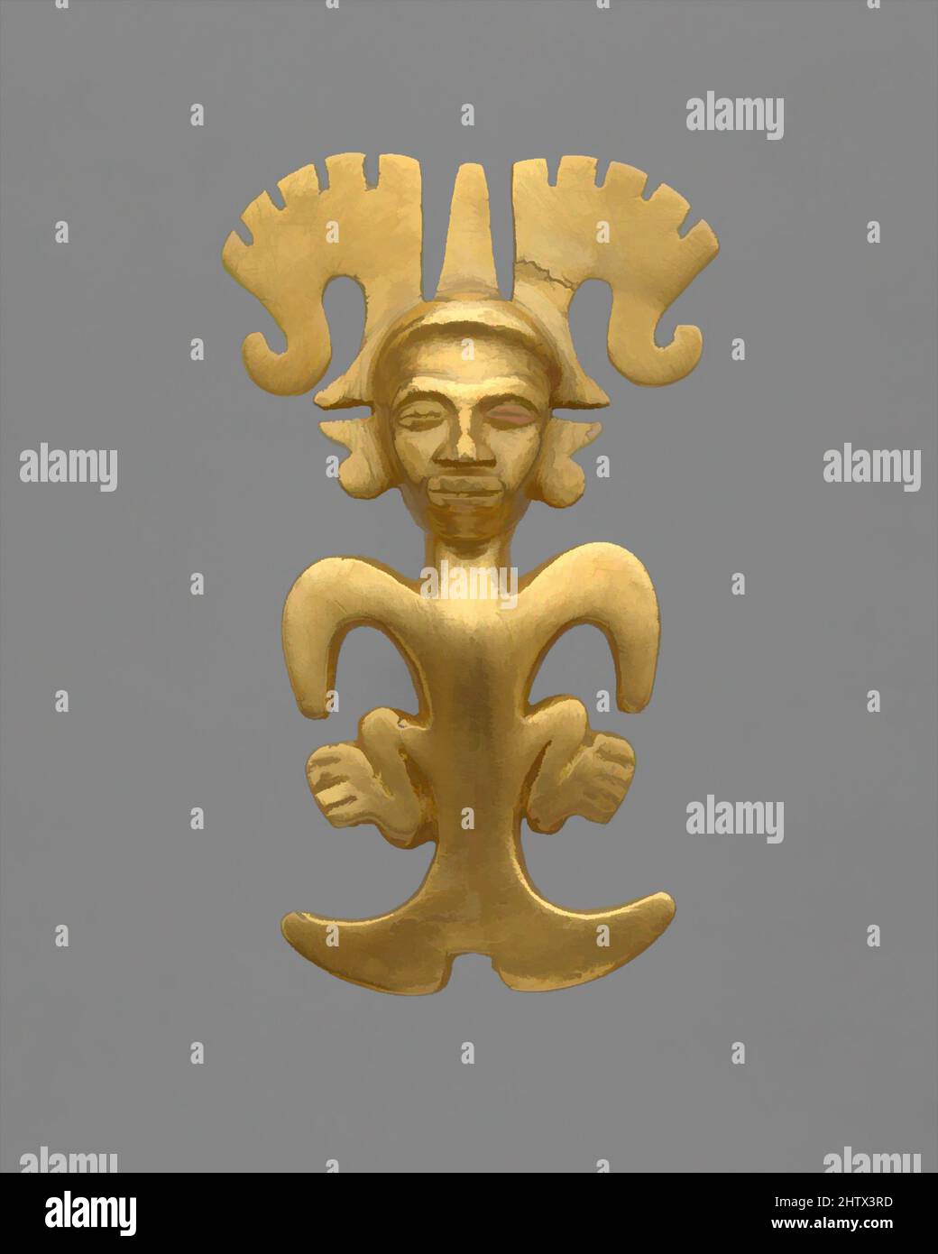 Arte ispirata al Ciondolo stilizzato, 5th–7th secolo, Panama, stile internazionale, oro, H. 2 3/4 poll. (6,99 cm), ornamenti metallici, fuso in oro su un nucleo, questa figura antropomorfa stilizzata integra fluidamente tratti umani e animali. Un volto umano realistico tappato da un'ampia, opere classiche modernizzate da Artotop con un tuffo di modernità. Forme, colore e valore, impatto visivo accattivante sulle emozioni artistiche attraverso la libertà delle opere d'arte in modo contemporaneo. Un messaggio senza tempo che persegue una nuova direzione selvaggiamente creativa. Artisti che si rivolgono al supporto digitale e creano l'NFT Artotop Foto Stock