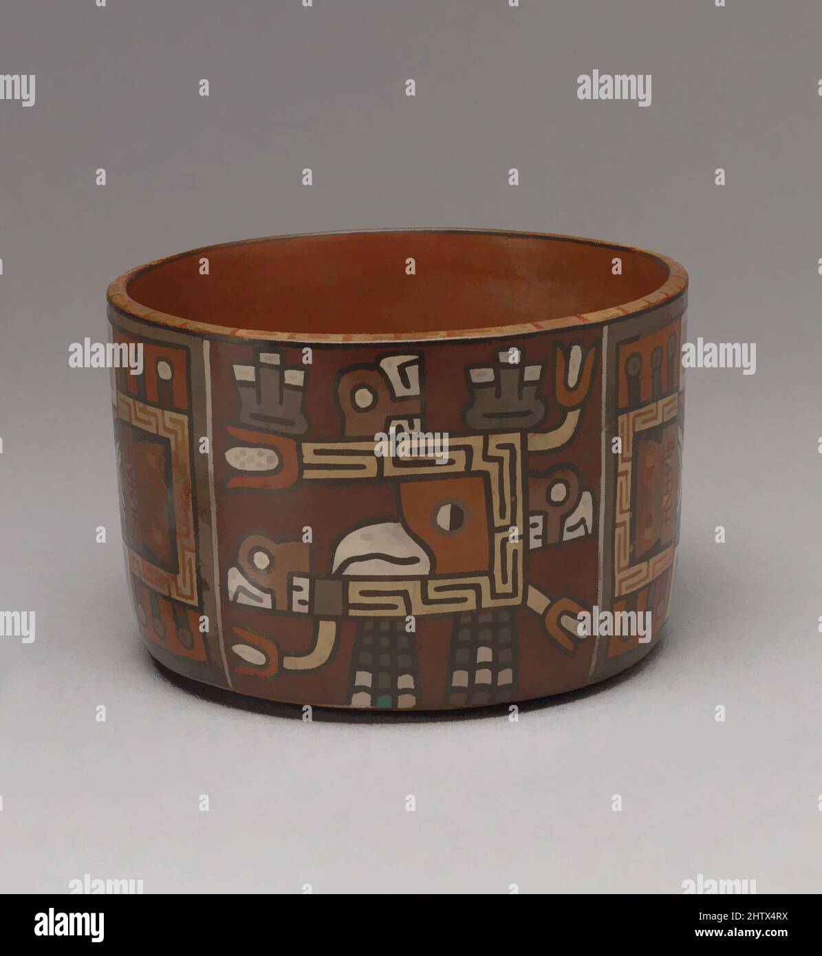 Arte ispirata a Bowl, Mithic Figures, 6th–9th secolo, Perù, Wari, Ceramica, H. 3 1/8 x Diam. 4 13/16 poll. (7,9 x 12,2 cm), Ceramics-Containers, durante la seconda metà del primo millennio d.C., i popoli di Wari, centrati nella regione di Ayacucho, dominarono le Ande centrocentranti a sud. Sono opere classiche modernizzate da Artotop con un tuffo di modernità. Forme, colore e valore, impatto visivo accattivante sulle emozioni artistiche attraverso la libertà delle opere d'arte in modo contemporaneo. Un messaggio senza tempo che persegue una nuova direzione selvaggiamente creativa. Artisti che si rivolgono al supporto digitale e creano l'NFT Artotop Foto Stock