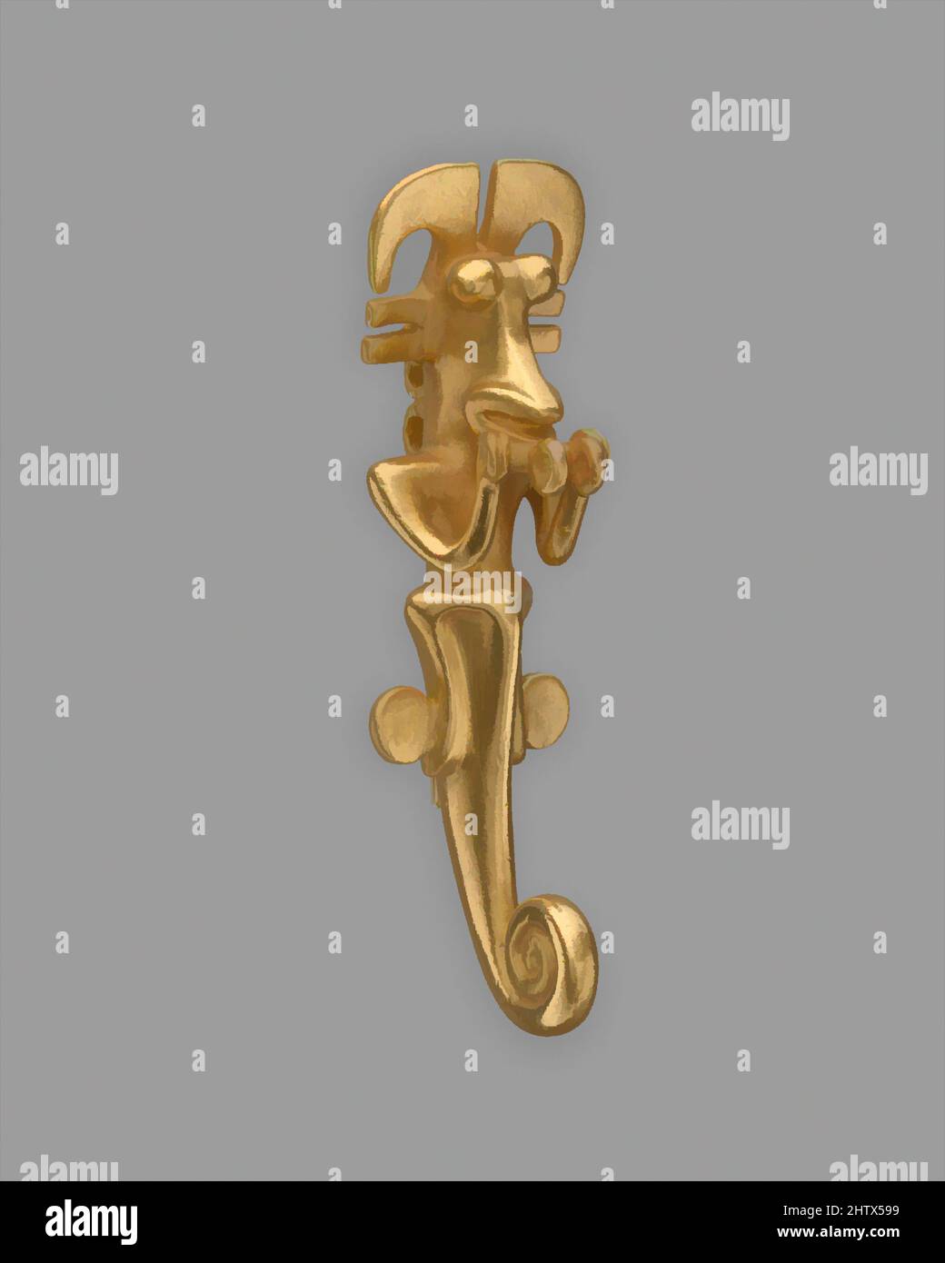 Arte ispirata da Sea Horse Pendant, 5th–10th secolo, Panama, stile internazionale, oro, H. 3 1/4 x W. 1 x W. 1 1/8 poll. (8,3 x 2,5 x 2,8 cm), ornamenti in metallo, opere classiche modernizzate da Artotop con un tocco di modernità. Forme, colore e valore, impatto visivo accattivante sulle emozioni artistiche attraverso la libertà delle opere d'arte in modo contemporaneo. Un messaggio senza tempo che persegue una nuova direzione selvaggiamente creativa. Artisti che si rivolgono al supporto digitale e creano l'NFT Artotop Foto Stock