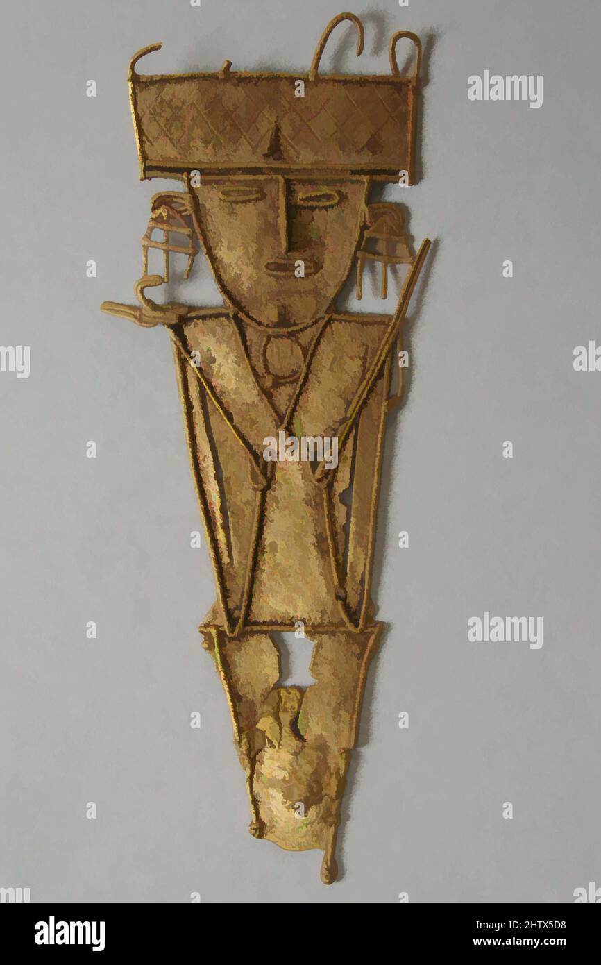 Arte ispirata da Male Figura (tunjo), 10th–16th secolo, Colombia, regione del lago Guatavita, Muisca, Oro, H. 3 1/8 x W. 1 1/4 poll. (7,9 x 3,2 cm), Metal-Sculpture, opere classiche modernizzate da Artotop con un tuffo di modernità. Forme, colore e valore, impatto visivo accattivante sulle emozioni artistiche attraverso la libertà delle opere d'arte in modo contemporaneo. Un messaggio senza tempo che persegue una nuova direzione selvaggiamente creativa. Artisti che si rivolgono al supporto digitale e creano l'NFT Artotop Foto Stock