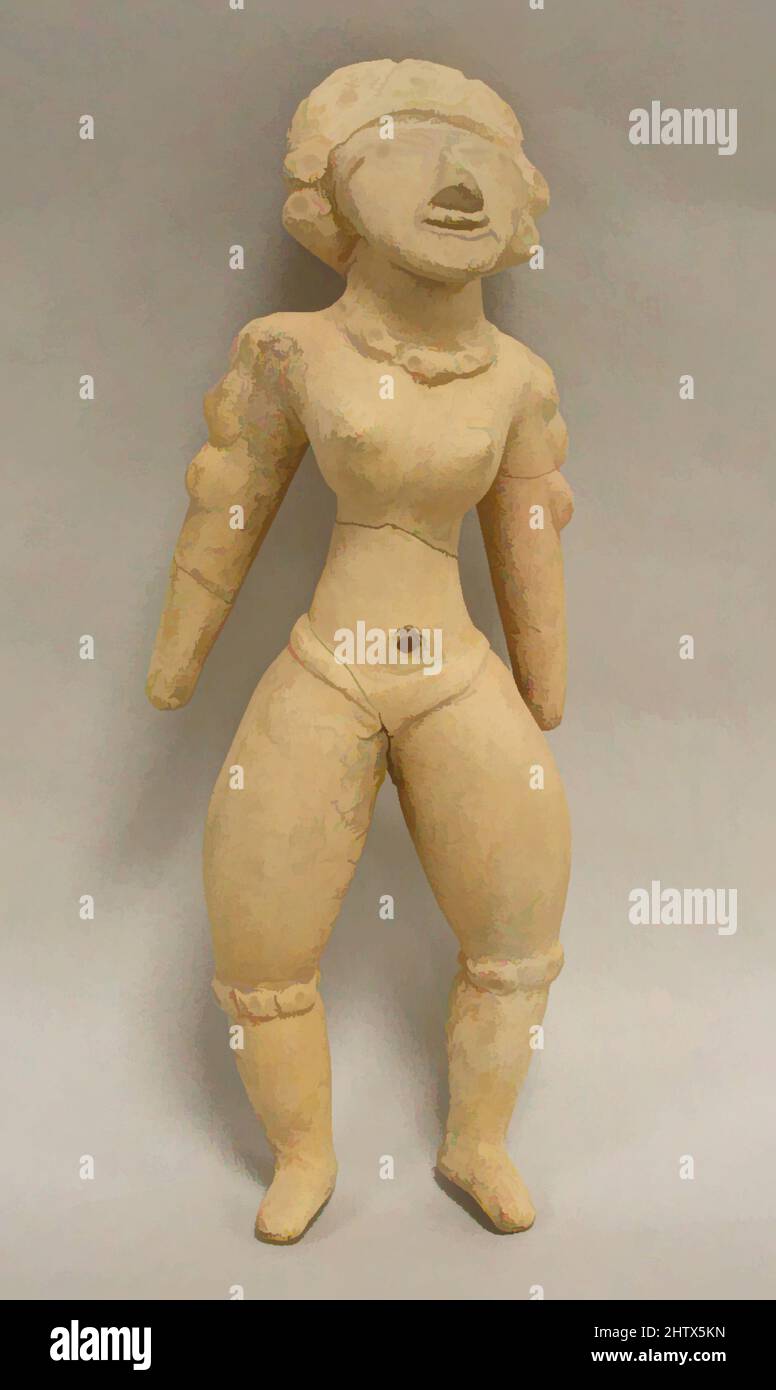 Arte ispirata da Donna in piedi, 1st–7th secolo, Messico, Mesoamerica, Veracruz, Huastec, in ceramica, H. 6 3/8 x P. 2 1/2 x D. 1 1/2 poll. (16,3 x 6,4 x 3,8 cm), Ceramica-scultura, opere classiche modernizzate da Artotop con un tocco di modernità. Forme, colore e valore, impatto visivo accattivante sulle emozioni artistiche attraverso la libertà delle opere d'arte in modo contemporaneo. Un messaggio senza tempo che persegue una nuova direzione selvaggiamente creativa. Artisti che si rivolgono al supporto digitale e creano l'NFT Artotop Foto Stock