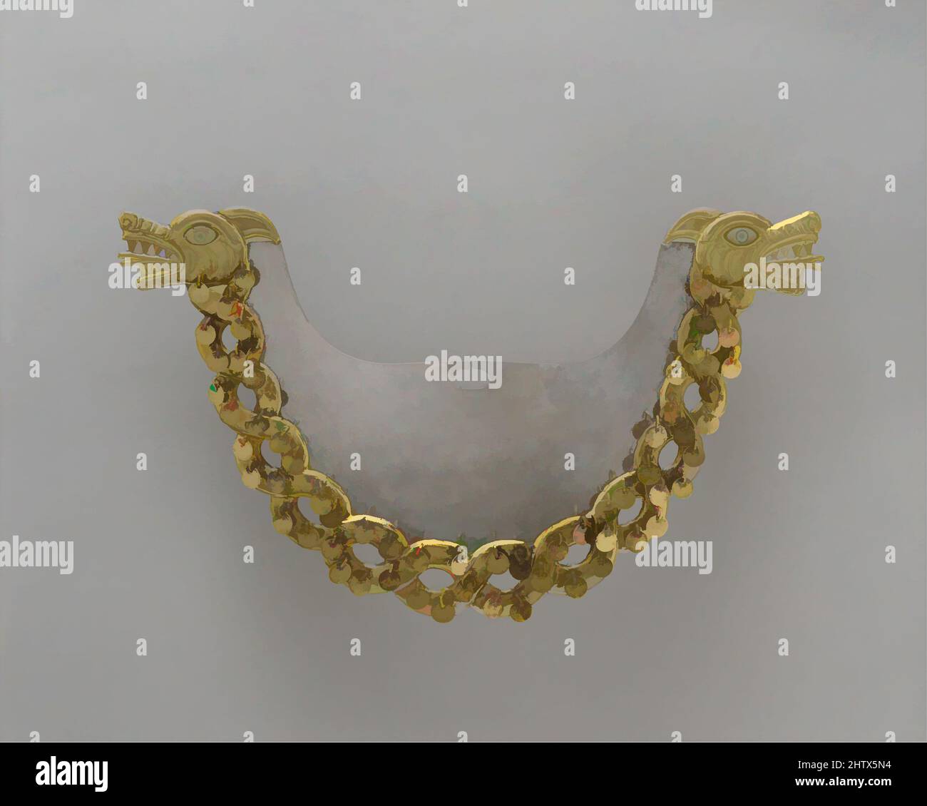 Arte ispirata dal naso ornamento con serpenti intrecciati, 390–450, Perù, Moche (Loma Negra), Oro, Argento, guscio, H. 4 15/16 x L. 8 5/16 x D. 7/16 poll. (12,5 x 21,1 x 1,1 cm), ornamenti in metallo, ornamenti al naso realizzati con metalli preziosi sono stati indossati dall'élite in Perù a partire dal centro, opere classiche modernizzate da Artotop con un tuffo di modernità. Forme, colore e valore, impatto visivo accattivante sulle emozioni artistiche attraverso la libertà delle opere d'arte in modo contemporaneo. Un messaggio senza tempo che persegue una nuova direzione selvaggiamente creativa. Artisti che si rivolgono al supporto digitale e creano l'NFT Artotop Foto Stock
