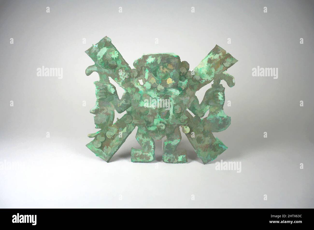 Arte ispirata da Figura ornamento, 390–450, Perù, Moche (Loma Negra), rame argentato, A x L: 9 7/16 x 11in. (24 x 28cm), ornamenti in metallo, opere classiche modernizzate da Artotop con un tocco di modernità. Forme, colore e valore, impatto visivo accattivante sulle emozioni artistiche attraverso la libertà delle opere d'arte in modo contemporaneo. Un messaggio senza tempo che persegue una nuova direzione selvaggiamente creativa. Artisti che si rivolgono al supporto digitale e creano l'NFT Artotop Foto Stock