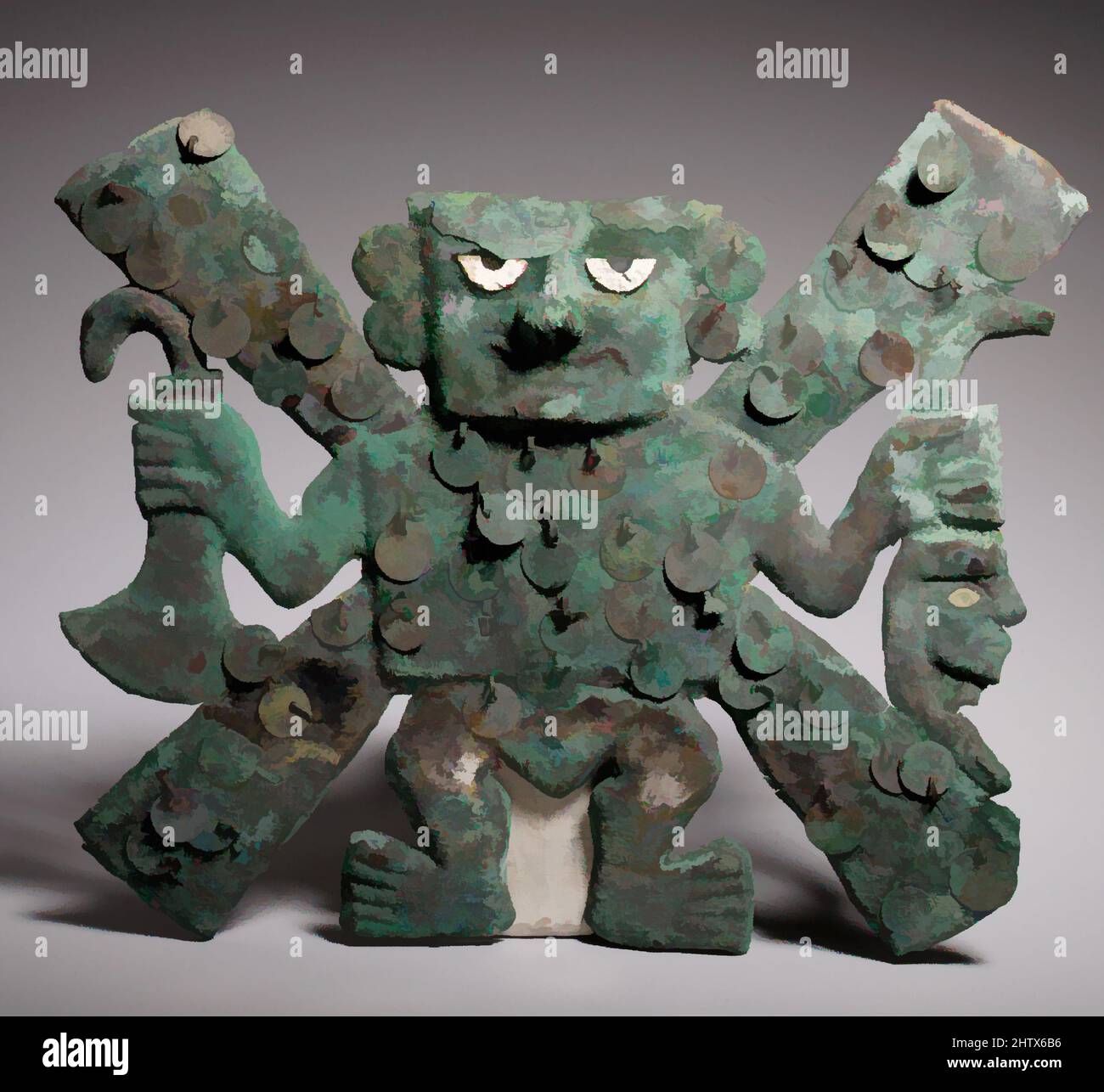 Arte ispirata da placca Decapitator, 390–450, Perù, Moche (Loma Negra), rame argentato, Calotta, a x L: 9 1/16 x 11in. (23 x 28cm), ornamenti in metallo, opere classiche modernizzate da Artotop con un tocco di modernità. Forme, colore e valore, impatto visivo accattivante sulle emozioni artistiche attraverso la libertà delle opere d'arte in modo contemporaneo. Un messaggio senza tempo che persegue una nuova direzione selvaggiamente creativa. Artisti che si rivolgono al supporto digitale e creano l'NFT Artotop Foto Stock