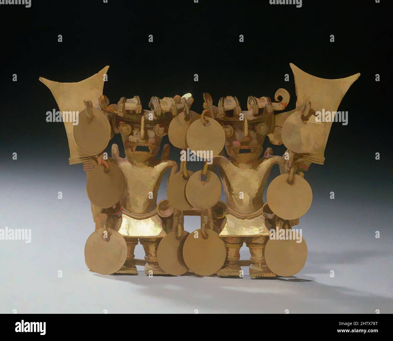 Art Inspired by Double Bat-Head Figure Ciondolo, 12th–14h secolo, Panama, Parita, Oro, H. 2 7/8 x W. 4 3/8 poll. (7,3 x 11,1 cm), ornamenti in metallo, opere classiche modernizzate da Artotop con un tocco di modernità. Forme, colore e valore, impatto visivo accattivante sulle emozioni artistiche attraverso la libertà delle opere d'arte in modo contemporaneo. Un messaggio senza tempo che persegue una nuova direzione selvaggiamente creativa. Artisti che si rivolgono al supporto digitale e creano l'NFT Artotop Foto Stock