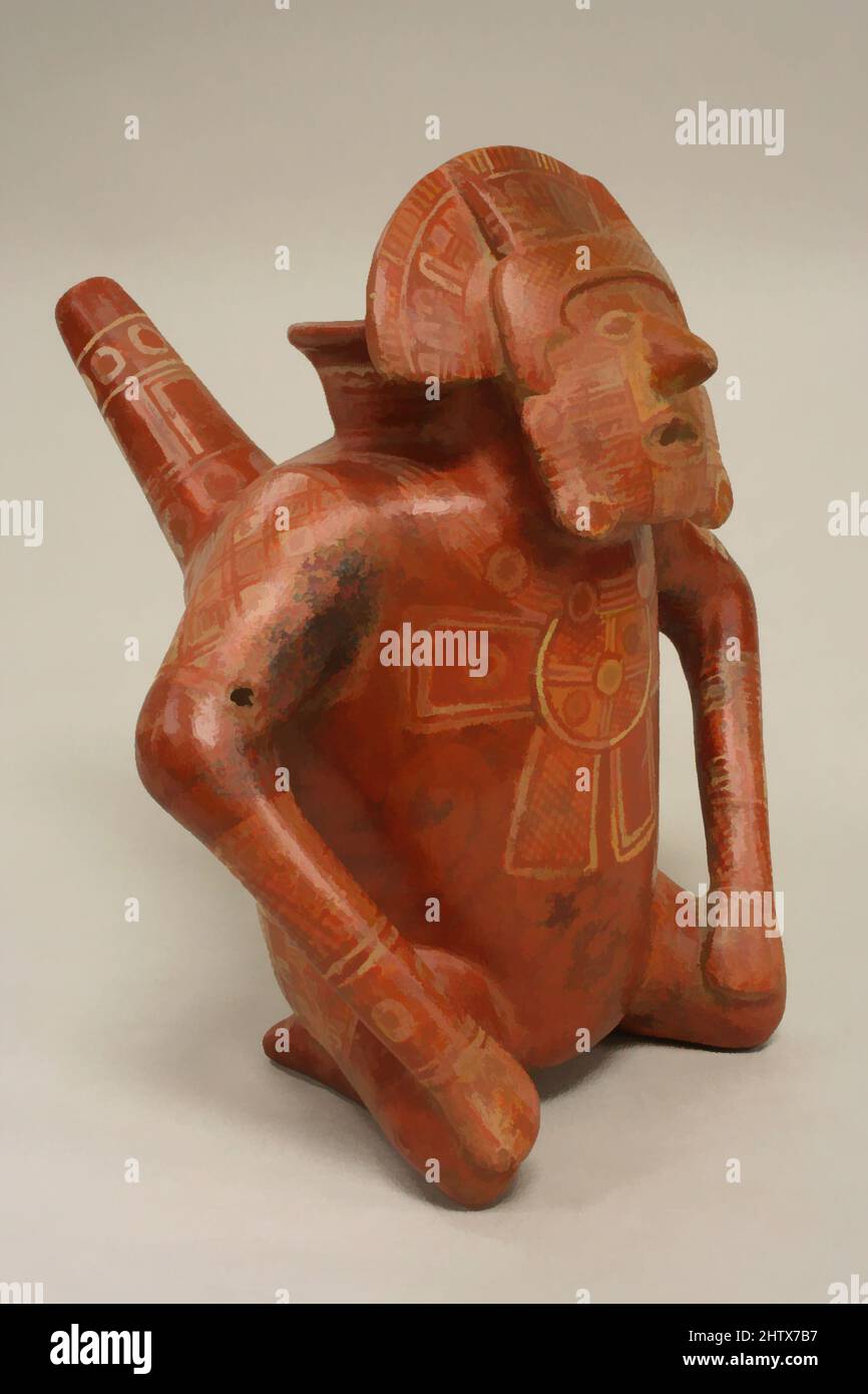 Arte ispirata a Male Figure Vessel, 1200–1500, Messico, Nayarit, ceramica, H. 9 3/8 x W. 8 1/4 poll. (23,8 x 21 cm), Ceramics-Containers, tra il terzo secolo a.C. e il secondo secolo d.C., la gente nello stato messicano occidentale di Colima seppellì i loro morti onorati con ceramica scultorea, opere classiche modernizzate da Artotop con un tuffo di modernità. Forme, colore e valore, impatto visivo accattivante sulle emozioni artistiche attraverso la libertà delle opere d'arte in modo contemporaneo. Un messaggio senza tempo che persegue una nuova direzione selvaggiamente creativa. Artisti che si rivolgono al supporto digitale e creano l'NFT Artotop Foto Stock