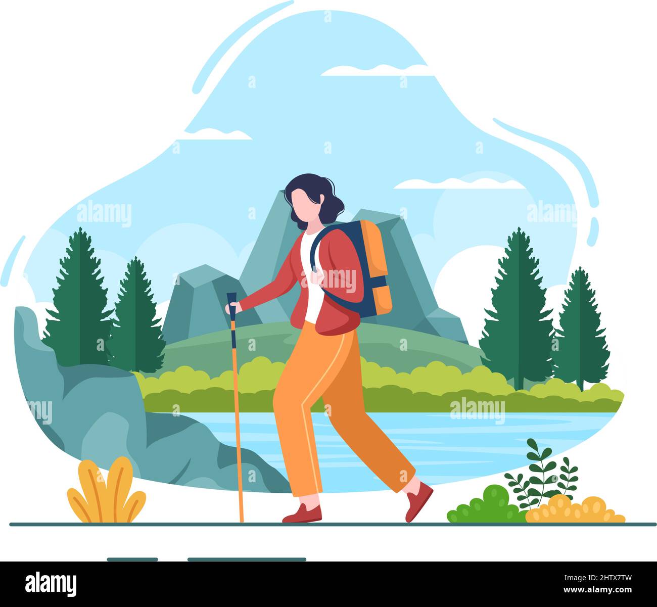 Avventura Tour sul tema di arrampicata, Trekking, Escursionismo, a piedi o vacanza con vista sulla foresta e montagna in Flat natura sfondo Illustrazione Illustrazione Vettoriale