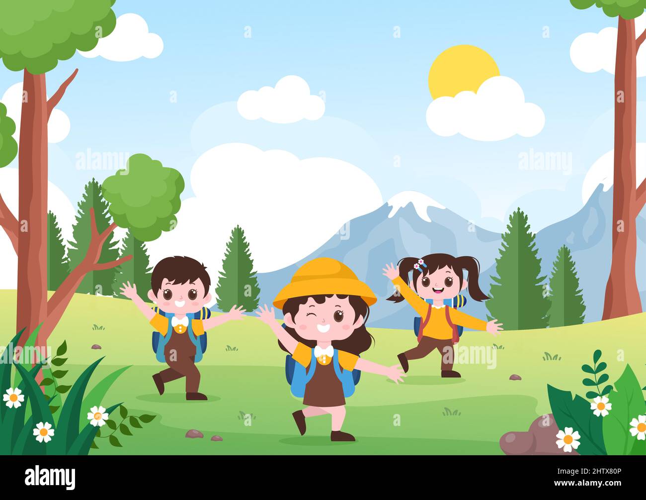 Avventura Tour sul tema di arrampicata, Trekking, Escursionismo, a piedi o vacanza con vista sulla foresta e montagna in Flat natura sfondo Illustrazione Illustrazione Vettoriale