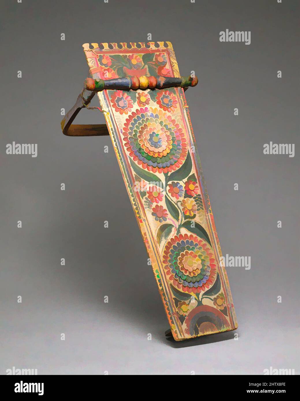 Art Inspired by Cradle Board, ca. 1860, Canada, Quebec, Mohawk, Wood, rawhide, pigmento, H. 26 x W. 10 1/2 x D. 10 1/2 poll. (66 x 26,7 x 26,7 cm), scultura in legno, opere classiche modernizzate da Artotop con un tocco di modernità. Forme, colore e valore, impatto visivo accattivante sulle emozioni artistiche attraverso la libertà delle opere d'arte in modo contemporaneo. Un messaggio senza tempo che persegue una nuova direzione selvaggiamente creativa. Artisti che si rivolgono al supporto digitale e creano l'NFT Artotop Foto Stock