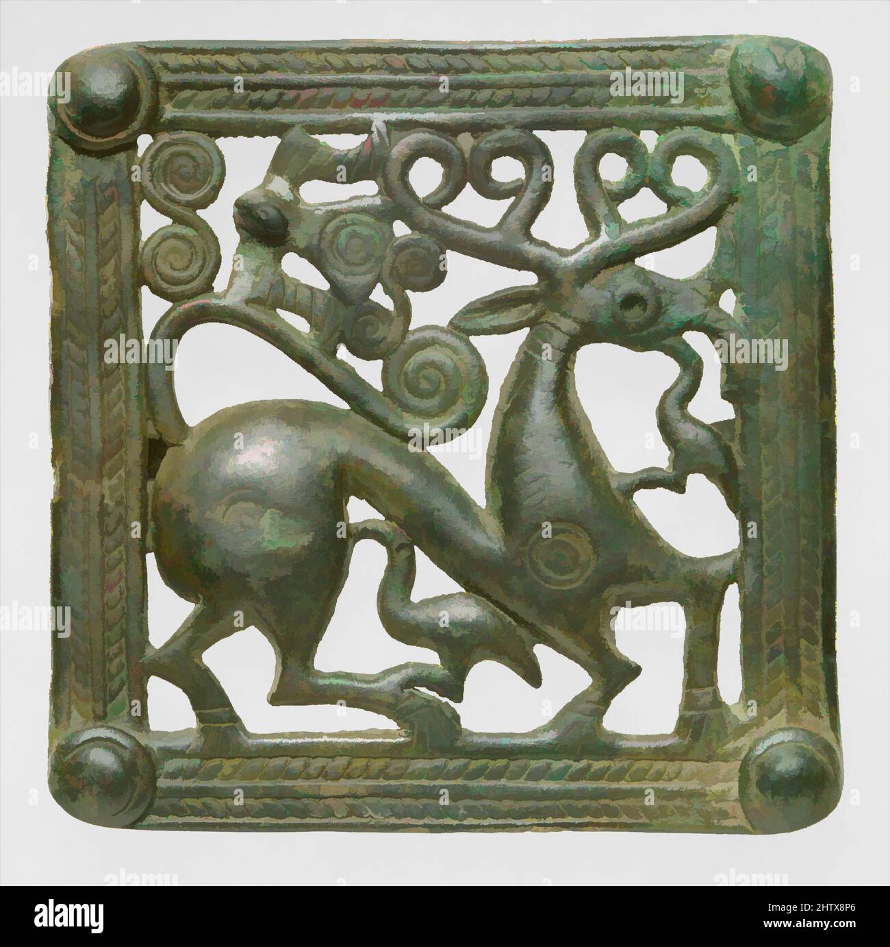 Arte ispirata al gancio per cintura, ca. A.D. 1st–2nd secolo, Transcaucasia, Bronzo, H. 11,4 cm, W. 11,4 cm, Ornamenti in metallo, alla fine del secondo millennio a.C., la tradizione dei vivaci bronzi ornati con animali inizia nella regione del Caucaso. Animali stilizzati con piccoli girovita, archi, opere classiche modernizzate da Artotop con un tuffo di modernità. Forme, colore e valore, impatto visivo accattivante sulle emozioni artistiche attraverso la libertà delle opere d'arte in modo contemporaneo. Un messaggio senza tempo che persegue una nuova direzione selvaggiamente creativa. Artisti che si rivolgono al supporto digitale e creano l'NFT Artotop Foto Stock