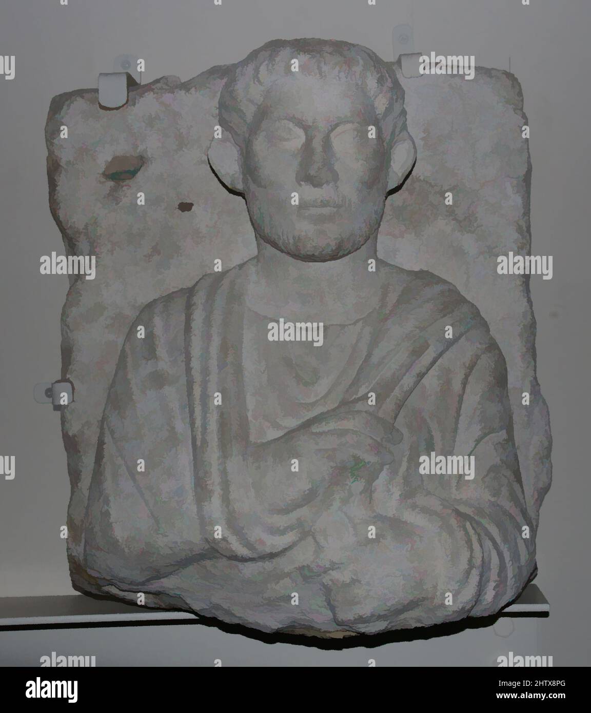 Arte ispirata al rilievo funerario, ca. 200–273, Siria, probabilmente di Palmyra, calcare, 19 1/8 x 17 x 9 1/2 pollici (48,6 x 43,2 x 24,1 cm), pietra-scultura-inscritto, Iscrizione: (A destra) 1 Mattanay, figlio di 2 Zubaida. Ahimè! (A sinistra, una o due linee illeggibili) traslitterazione: 1 mtny, opere classiche modernizzate da Artotop con un tuffo di modernità. Forme, colore e valore, impatto visivo accattivante sulle emozioni artistiche attraverso la libertà delle opere d'arte in modo contemporaneo. Un messaggio senza tempo che persegue una nuova direzione selvaggiamente creativa. Artisti che si rivolgono al supporto digitale e creano l'NFT Artotop Foto Stock