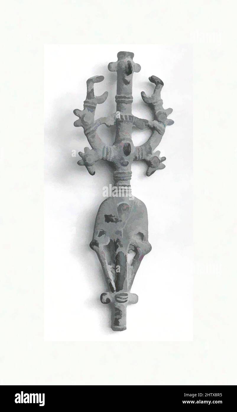 Arte ispirata al Master-of-Animals standard, Iron Age III, ca. 8th secolo a.C., Iran, probabilmente da Luristan, Iran, Bronzo, 8,23 x 3,11 poll. (20,9 x 7,9 cm), scultura in metallo, opere classiche modernizzate da Artotop con un tocco di modernità. Forme, colore e valore, impatto visivo accattivante sulle emozioni artistiche attraverso la libertà delle opere d'arte in modo contemporaneo. Un messaggio senza tempo che persegue una nuova direzione selvaggiamente creativa. Artisti che si rivolgono al supporto digitale e creano l'NFT Artotop Foto Stock