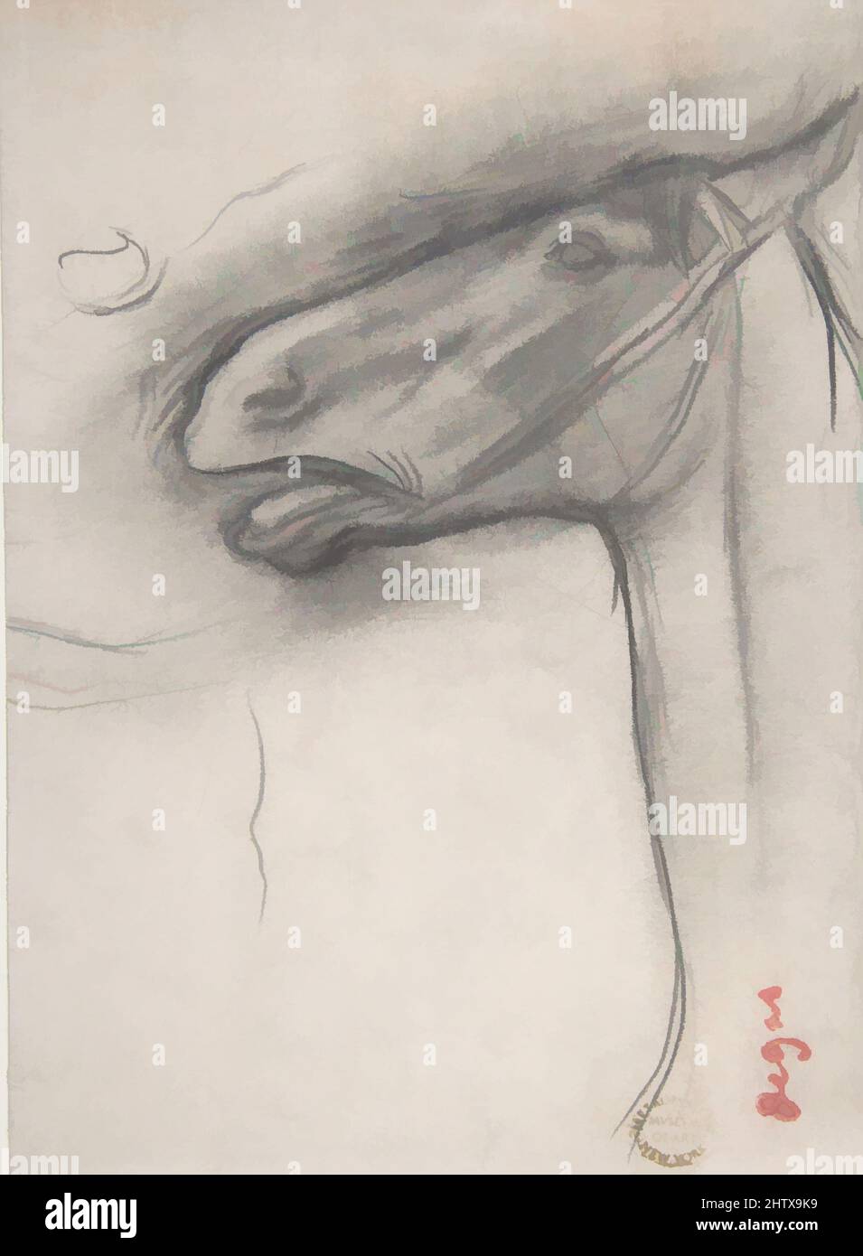 Arte ispirata alla testa di un cavallo, ca. 1878, carta grafite su carta straccia, foglio: 6 9/16 x 4 3/4 pollici (16,7 x 12,1cm), disegni, Edgar Degas (francese, Parigi 1834–1917 Parigi, opere classiche modernizzate da Artotop con un tocco di modernità. Forme, colore e valore, impatto visivo accattivante sulle emozioni artistiche attraverso la libertà delle opere d'arte in modo contemporaneo. Un messaggio senza tempo che persegue una nuova direzione selvaggiamente creativa. Artisti che si rivolgono al supporto digitale e creano l'NFT Artotop Foto Stock