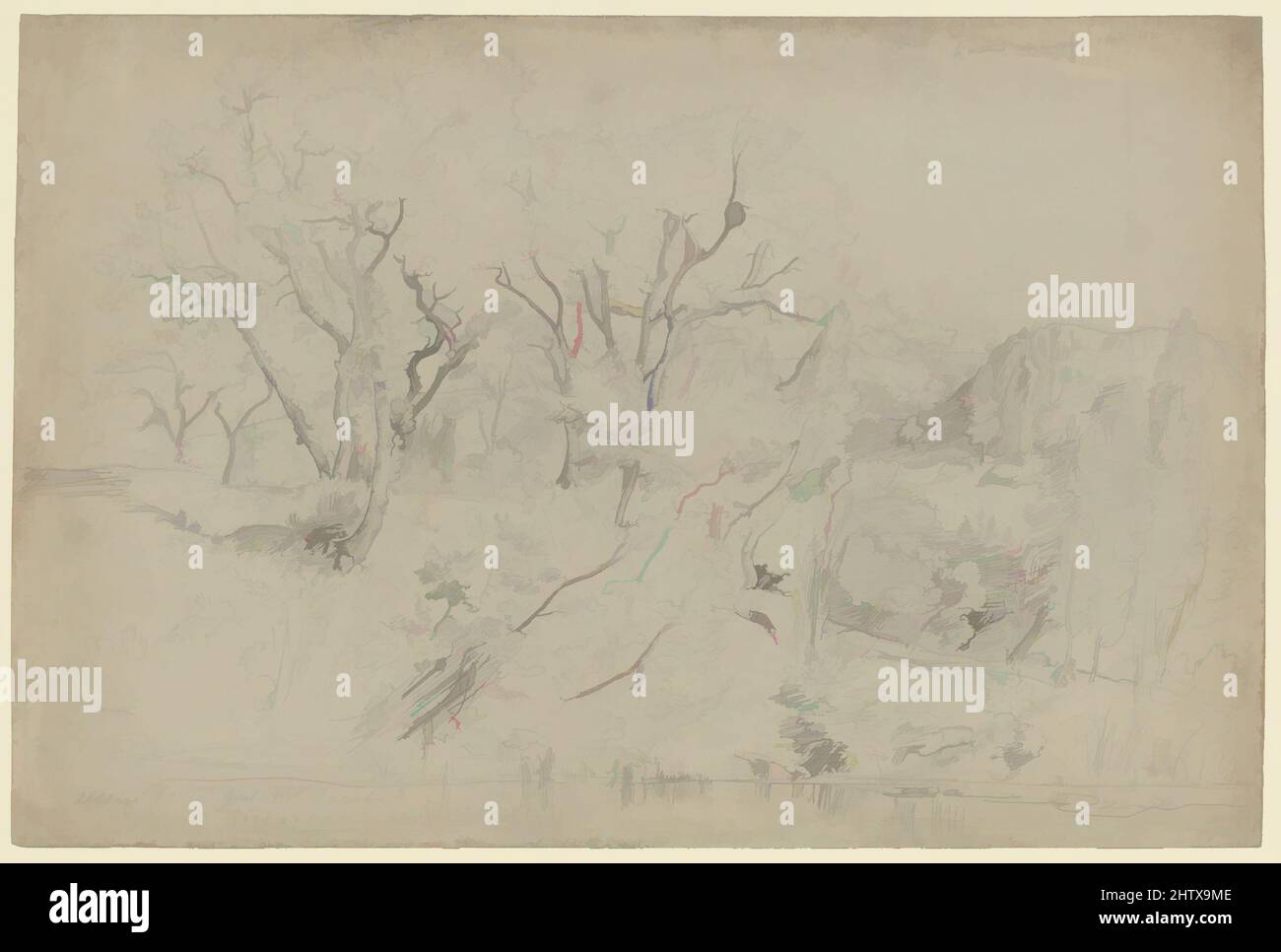 Arte ispirata da le Martinet vicino a Montpellier, 1836, penna e inchiostro nero, grafite su carta blu chiaro, 13 1/4 x 19 3/4 pollici. (33,7 x 50,2cm), disegni, Camille Corot (francese, Parigi 1796–1875 Parigi, opere classiche modernizzate da Artotop con un tocco di modernità. Forme, colore e valore, impatto visivo accattivante sulle emozioni artistiche attraverso la libertà delle opere d'arte in modo contemporaneo. Un messaggio senza tempo che persegue una nuova direzione selvaggiamente creativa. Artisti che si rivolgono al supporto digitale e creano l'NFT Artotop Foto Stock