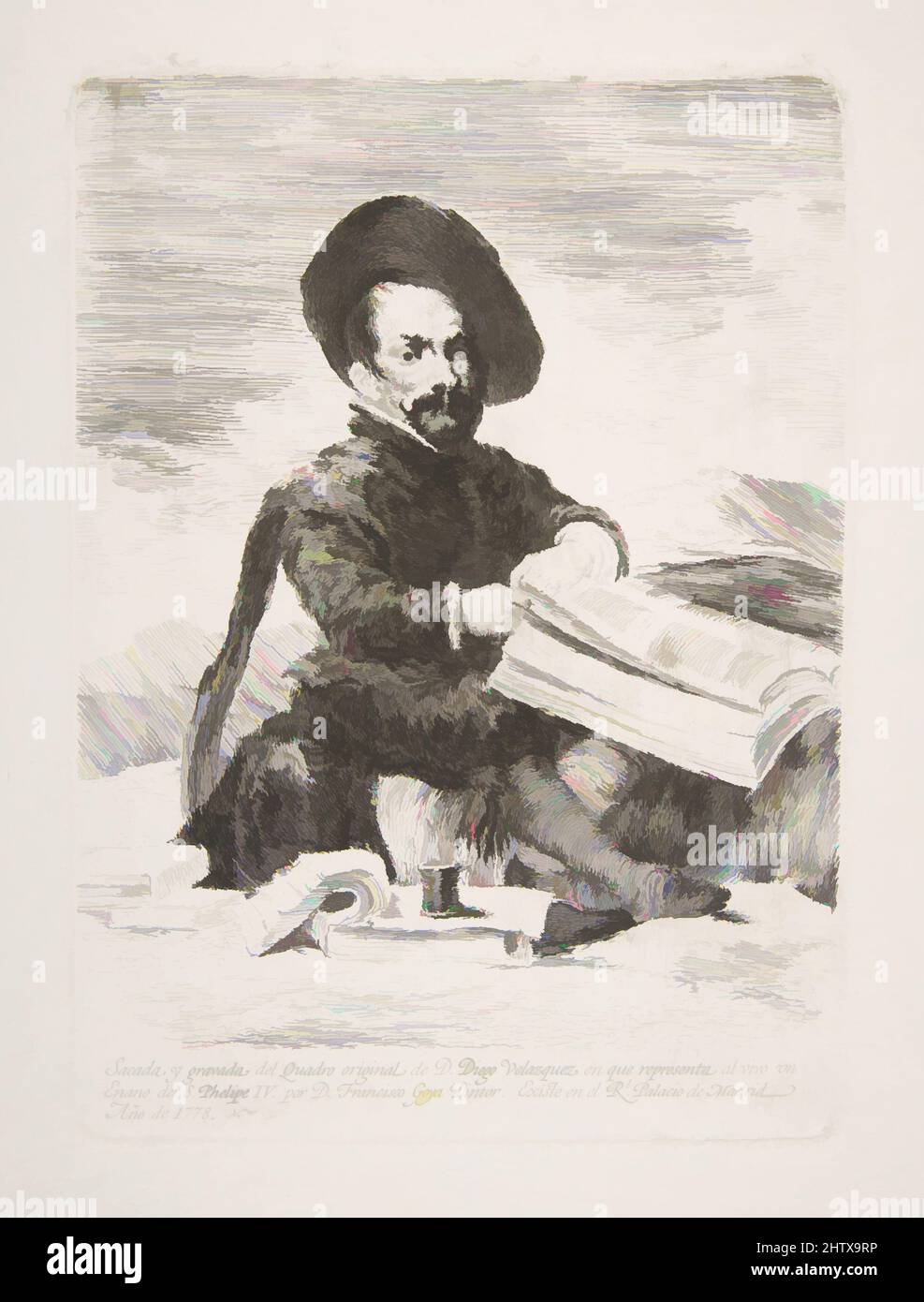 Arte ispirata A un nano (un Enano), 1778, incisione stampata in inchiostro nero, piastra: 8 7/16 x 6 1/16 pollici (21,5 x 15,4 cm), Prints, Goya (Francisco de Goya y Lucientes) (spagnolo, Fuendetodos 1746–1828 Bordeaux), dopo Velázquez (Diego Rodríguez de Silva y Velázquez) (spagnolo, Siviglia 1599–, opere classiche modernizzate da Artotop con un tuffo di modernità. Forme, colore e valore, impatto visivo accattivante sulle emozioni artistiche attraverso la libertà delle opere d'arte in modo contemporaneo. Un messaggio senza tempo che persegue una nuova direzione selvaggiamente creativa. Artisti che si rivolgono al supporto digitale e creano l'NFT Artotop Foto Stock