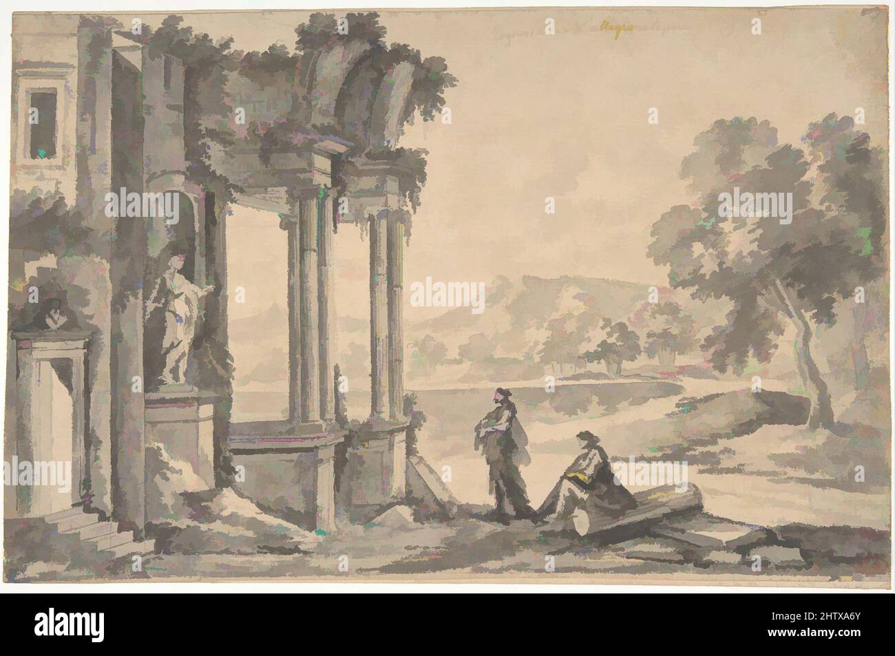 Arte ispirata alle rovine di un tempio da un lago, spazzola e lavaggio grigio, su grafite, 7 1/2 x 11 5/8 pollici. (19,1 x 29,5 cm.), disegni, Étienne Allegrain (francese, Parigi 1644–1736 Parigi, opere classiche modernizzate da Artotop con un tuffo di modernità. Forme, colore e valore, impatto visivo accattivante sulle emozioni artistiche attraverso la libertà delle opere d'arte in modo contemporaneo. Un messaggio senza tempo che persegue una nuova direzione selvaggiamente creativa. Artisti che si rivolgono al supporto digitale e creano l'NFT Artotop Foto Stock