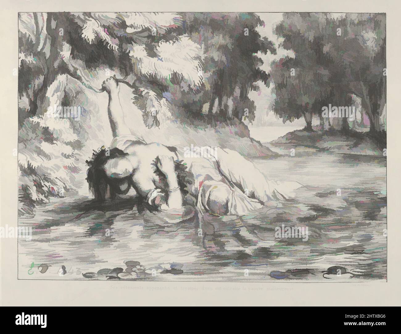 Arte ispirata dalla morte di Ophelia, 1843, litografia; secondo stato di quattro, immagine: 9 15/16 x 7 1/4 in. (25,3 x 18,4 cm), Prints, Eugène Delacroix (francese, Charenton-Saint-Maurice 1798–1863 Parigi), nel 1834 Delacroix iniziò una serie di litografie dedicate a Hamlet, creando moody, opere classiche modernizzate da Artotop con un tuffo di modernità. Forme, colore e valore, impatto visivo accattivante sulle emozioni artistiche attraverso la libertà delle opere d'arte in modo contemporaneo. Un messaggio senza tempo che persegue una nuova direzione selvaggiamente creativa. Artisti che si rivolgono al supporto digitale e creano l'NFT Artotop Foto Stock