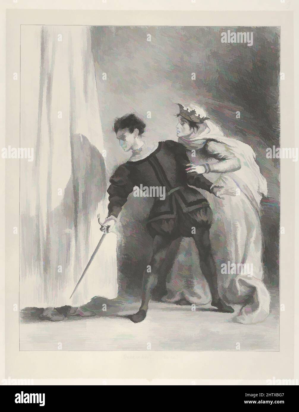 Art Inspired by The Murder of Polonius, 1834–43, litografia; secondo stato di tre, immagine: 9 1/2 x 7 1/2 in. (24,1 x 19,1 cm), Prints, Eugène Delacroix (francese, Charenton-Saint-Maurice 1798–1863 Parigi), nel 1834 Delacroix iniziò una serie di litografie dedicate a Hamlet, creando moody, opere classiche modernizzate da Artotop con un tuffo di modernità. Forme, colore e valore, impatto visivo accattivante sulle emozioni artistiche attraverso la libertà delle opere d'arte in modo contemporaneo. Un messaggio senza tempo che persegue una nuova direzione selvaggiamente creativa. Artisti che si rivolgono al supporto digitale e creano l'NFT Artotop Foto Stock