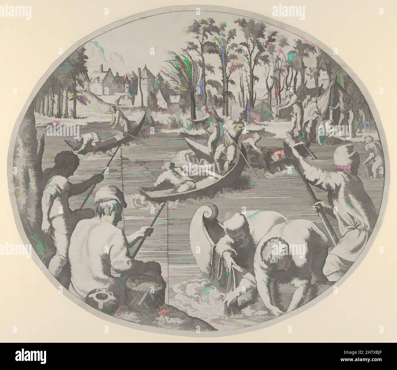 Art Inspired by Fishing Scene, 1547, Etching, Sheet (rifilata): 12 1/16 x 14 1/16 poll. (30,7 x 35,7 cm), Prints, Léon Davent (francese, attivo 1540–56), dopo Francesco Primaticcio (italiano, Bologna 1504/5–1570 Parigi, opere classiche modernizzate da Artotop con un tuffo di modernità. Forme, colore e valore, impatto visivo accattivante sulle emozioni artistiche attraverso la libertà delle opere d'arte in modo contemporaneo. Un messaggio senza tempo che persegue una nuova direzione selvaggiamente creativa. Artisti che si rivolgono al supporto digitale e creano l'NFT Artotop Foto Stock