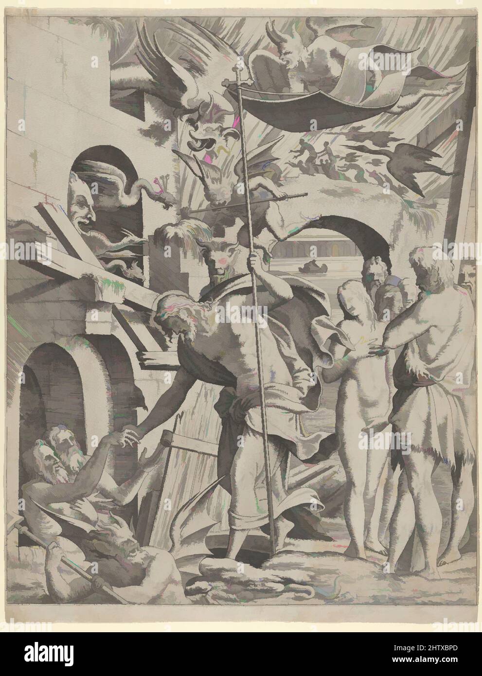 Arte ispirata da Cristo in Limbo, 1546-47, incisione, foglio (rifinito): 14 5/8 x 11 3/16 poll. (37,1 x 28,4 cm), Prints, Léon Davent (francese, attivo 1540–56), dopo Luca Penni (italiano, Firenze 1500/1504–1557 Parigi), l'stampatore Davent era attivo a Fontainebleau, stabilendosi, opere classiche modernizzate da Artotop con un tuffo di modernità. Forme, colore e valore, impatto visivo accattivante sulle emozioni artistiche attraverso la libertà delle opere d'arte in modo contemporaneo. Un messaggio senza tempo che persegue una nuova direzione selvaggiamente creativa. Artisti che si rivolgono al supporto digitale e creano l'NFT Artotop Foto Stock