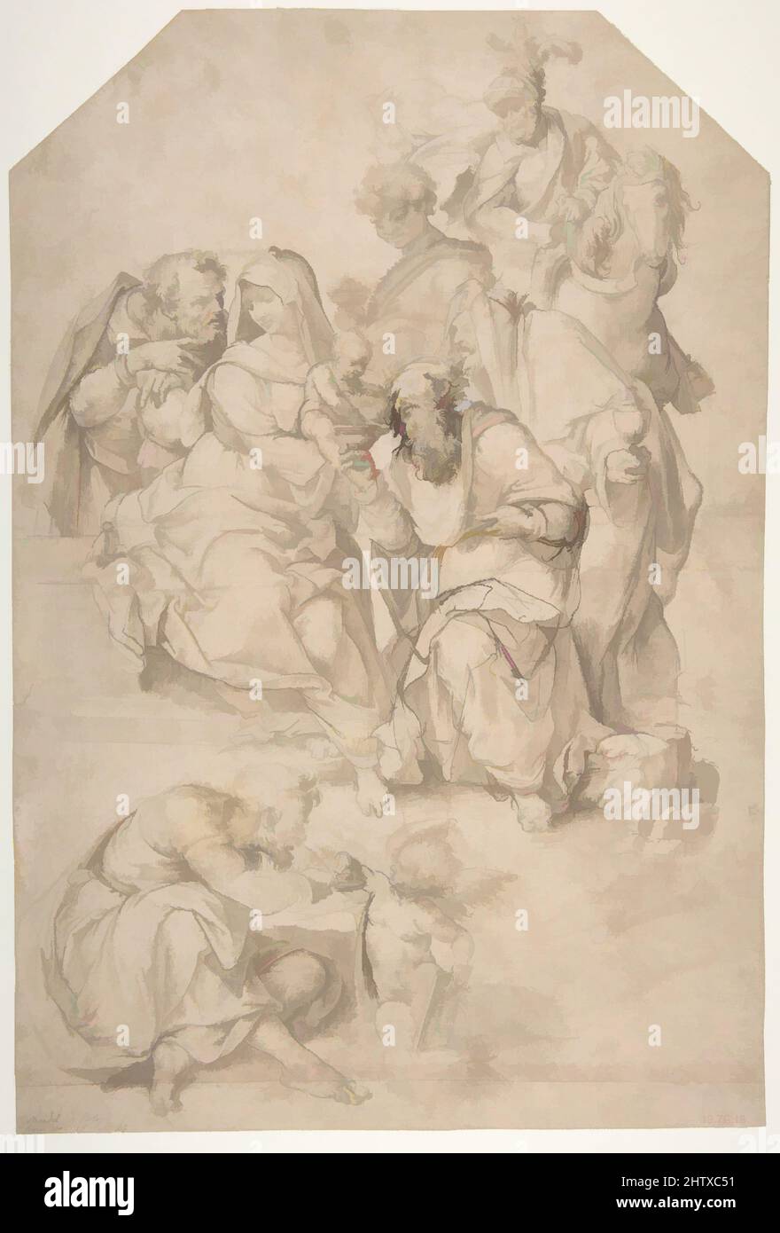 Arte ispirata all'Adorazione dei Magi, 1500–1571, penna e inchiostro marrone, pennello e lavaggio marrone, su tracce di gesso nero, con alcune tracce di gouache bianche (ossidate); la figura maschile inginocchiata al centro rielaborata dall'artista con penna e inchiostro marrone più scuro; Una striscia di carta, opere classiche modernizzate da Artotop con un tuffo di modernità. Forme, colore e valore, impatto visivo accattivante sulle emozioni artistiche attraverso la libertà delle opere d'arte in modo contemporaneo. Un messaggio senza tempo che persegue una nuova direzione selvaggiamente creativa. Artisti che si rivolgono al supporto digitale e creano l'NFT Artotop Foto Stock