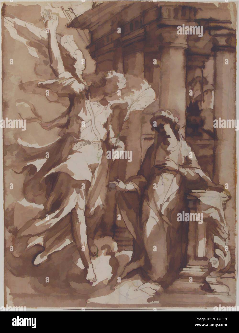 Arte ispirata all'Annunciazione, 1565–1608, penna e inchiostro marrone, pennello e lavaggio marrone su gesso nero, 11 1/8 x 8 3/8in. (28,2 x 21,3cm), disegni, Francesco Curia (italiano, Napoli documentata 1565/70–1608 Napoli, opere classiche modernizzate da Artotop con un tuffo di modernità. Forme, colore e valore, impatto visivo accattivante sulle emozioni artistiche attraverso la libertà delle opere d'arte in modo contemporaneo. Un messaggio senza tempo che persegue una nuova direzione selvaggiamente creativa. Artisti che si rivolgono al supporto digitale e creano l'NFT Artotop Foto Stock