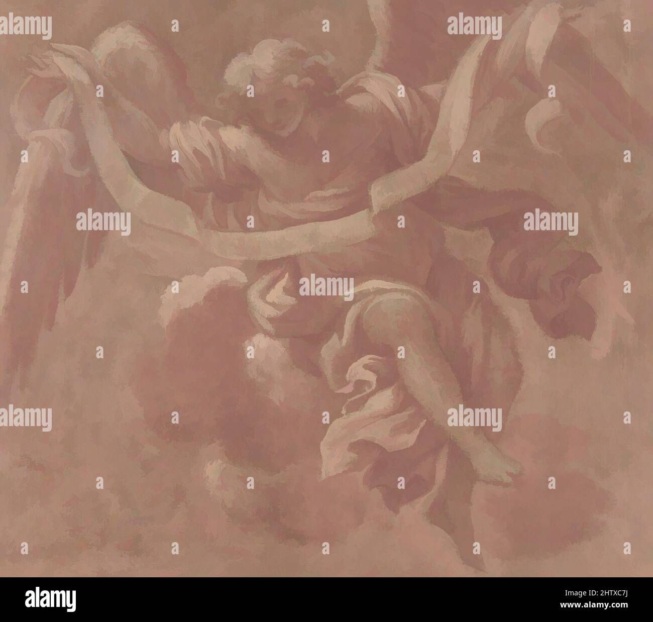 Arte ispirata da Angel Holding a banderole, 1706, Brush e tempera rosa e bianca, su gesso rosso, su carta brunastra (retto). Tracciato di gesso rosso dell'angelo fatto dal recto (verso)., 6 7/8 x 7 13/16in. (17,4 x 19,9cm), disegni, Antonio Franchi (il Lucchese) (italiano, Villa, opere classiche modernizzate da Artotop con un tuffo di modernità. Forme, colore e valore, impatto visivo accattivante sulle emozioni artistiche attraverso la libertà delle opere d'arte in modo contemporaneo. Un messaggio senza tempo che persegue una nuova direzione selvaggiamente creativa. Artisti che si rivolgono al supporto digitale e creano l'NFT Artotop Foto Stock