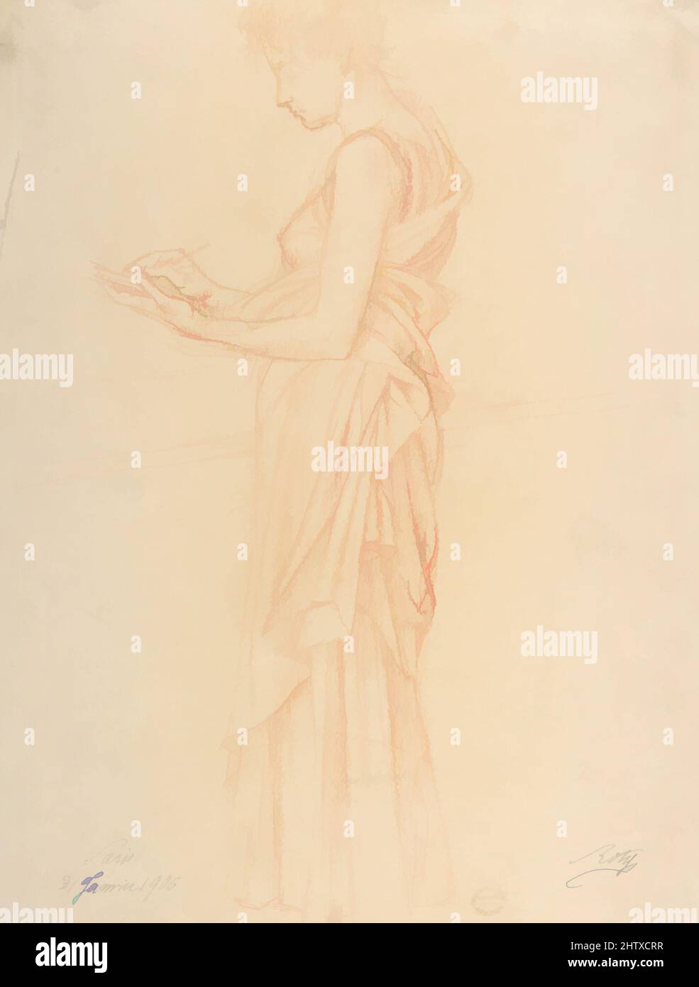 Art Inspired by Study of a Woman, 1906, gesso rosso, 12 3/4 x 9 3/8 poll. (32,4 x 23,8 cm), disegni, Louis-Oscar Roty (francese, Parigi 1846–1911 Parigi, opere classiche modernizzate da Artotop con un tocco di modernità. Forme, colore e valore, impatto visivo accattivante sulle emozioni artistiche attraverso la libertà delle opere d'arte in modo contemporaneo. Un messaggio senza tempo che persegue una nuova direzione selvaggiamente creativa. Artisti che si rivolgono al supporto digitale e creano l'NFT Artotop Foto Stock