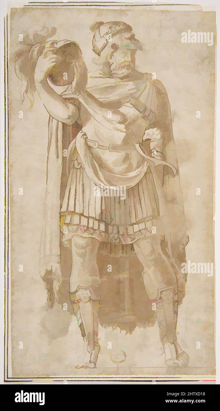 Arte ispirata a Soldier, 1499–1543, inchiostro Pen e Brown, pennello e lavaggio marrone, 10-3/8 x 5-3/4 poll. (25,2 x 14 cm), disegni, dopo Polidoro da Caravaggio (Italiano, Caravaggio ca. 1499–ca. 1543 Messina, opere classiche modernizzate da Artotop con un tocco di modernità. Forme, colore e valore, impatto visivo accattivante sulle emozioni artistiche attraverso la libertà delle opere d'arte in modo contemporaneo. Un messaggio senza tempo che persegue una nuova direzione selvaggiamente creativa. Artisti che si rivolgono al supporto digitale e creano l'NFT Artotop Foto Stock