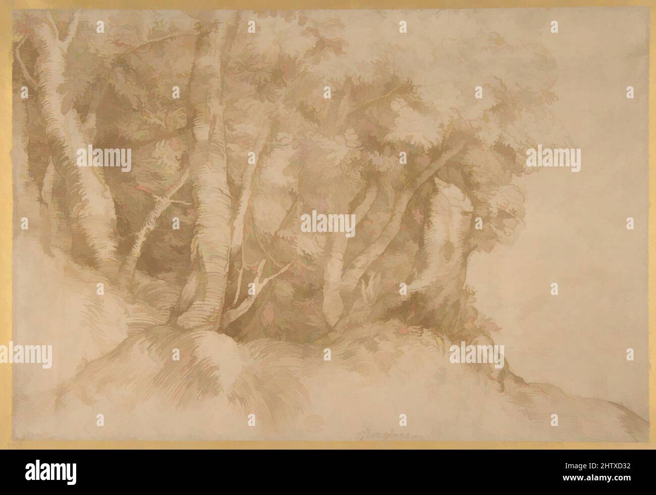 Arte ispirata a Gruppo di alberi, 1485/90–1576, inchiostro Pen e marrone, tracce di inchiostro grigio della stampante in basso a destra, su carta beige, 8 9/16 x 12 9/16in. (21,8 x 31,9cm), disegni, Tiziano Vecellio (italiano, Pieve di Cadore ca. 1485/90?–1576 Venezia, opere classiche modernizzate da Artotop con un tocco di modernità. Forme, colore e valore, impatto visivo accattivante sulle emozioni artistiche attraverso la libertà delle opere d'arte in modo contemporaneo. Un messaggio senza tempo che persegue una nuova direzione selvaggiamente creativa. Artisti che si rivolgono al supporto digitale e creano l'NFT Artotop Foto Stock