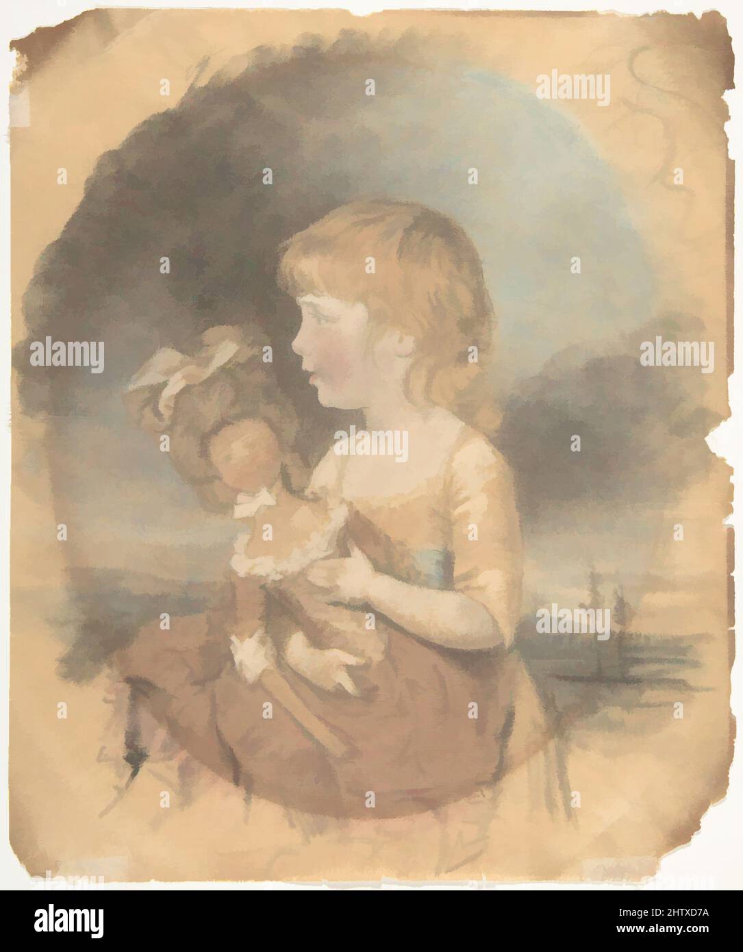 Arte ispirata a Child Holding a Doll, 1780, acquerello, pastello su grafite, foglio: 9 poll. x 7 7/16 poll. (22,9 x 18,9 cm), disegni, John Downman (British, Ruabon, Wales 1750–1824 Wrexham, Galles, opere classiche modernizzate da Artotop con un tuffo di modernità. Forme, colore e valore, impatto visivo accattivante sulle emozioni artistiche attraverso la libertà delle opere d'arte in modo contemporaneo. Un messaggio senza tempo che persegue una nuova direzione selvaggiamente creativa. Artisti che si rivolgono al supporto digitale e creano l'NFT Artotop Foto Stock