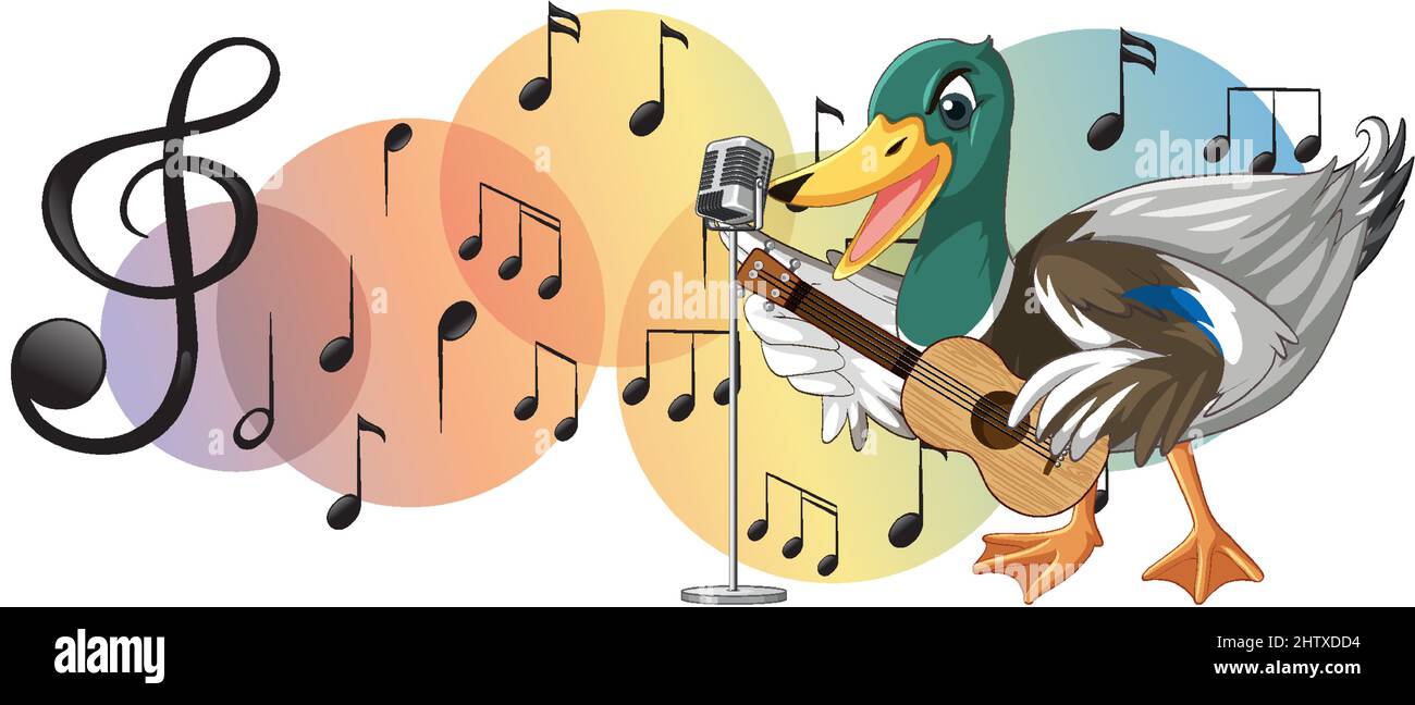 La chitarra anatra suona, ukulele con illustrazione di nota musicale Illustrazione Vettoriale