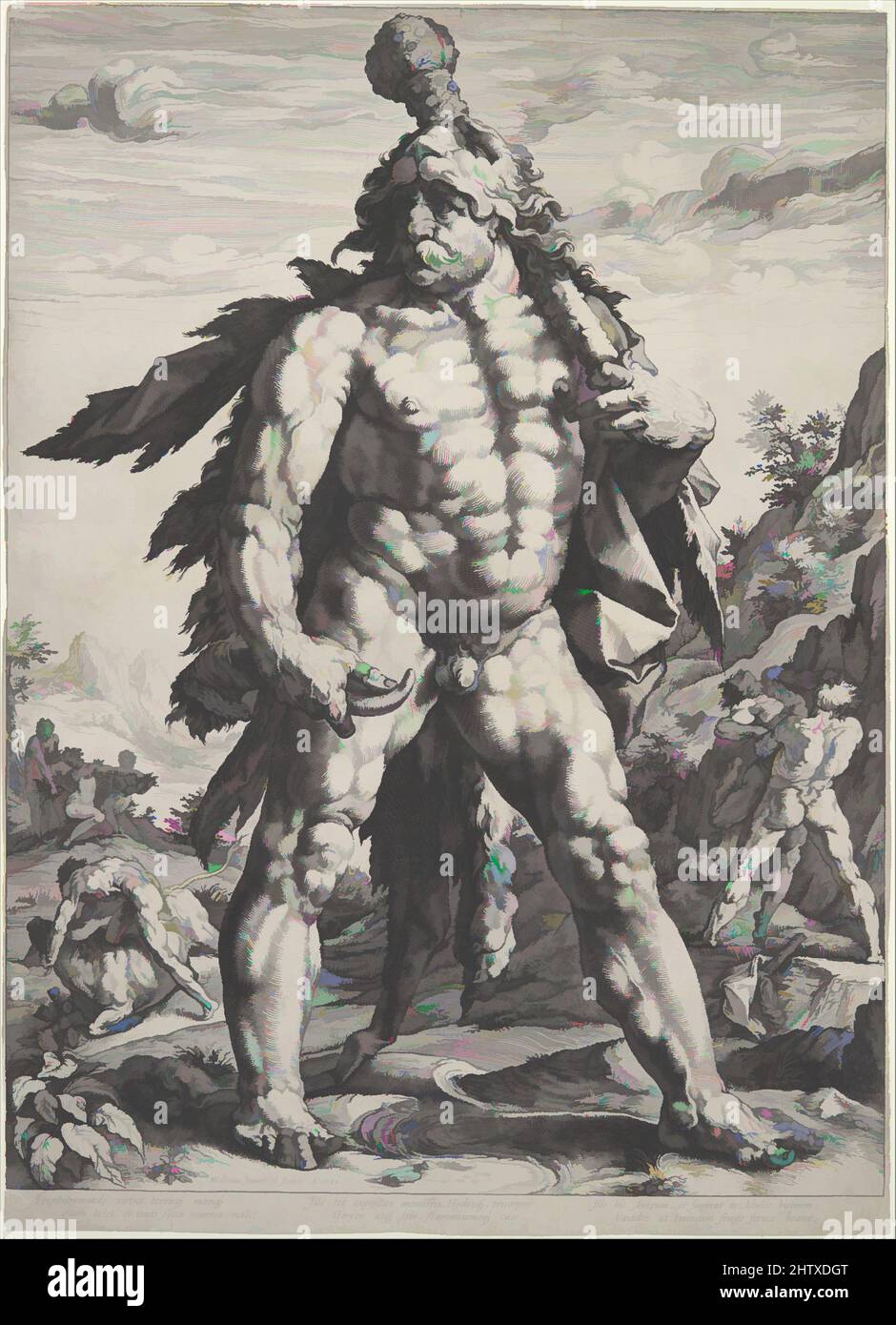 Arte ispirata ai grandi Ercole, 1589, incisione, 21 7/8 x 15 7/8 poll. (55,5 x 40,4 cm), Prints, Hendrick Goltzius (Netherlandish, Mühlbracht 1558–1617 Haarlem), questa incisione notevole è stata a lungo conosciuta come il Knollenman, o uomo bulbo. Mostra la figura di Goltzius, la figura del muscolo-rigonfiamento, opere classiche modernizzate da Artotop con un tuffo di modernità. Forme, colore e valore, impatto visivo accattivante sulle emozioni artistiche attraverso la libertà delle opere d'arte in modo contemporaneo. Un messaggio senza tempo che persegue una nuova direzione selvaggiamente creativa. Artisti che si rivolgono al supporto digitale e creano l'NFT Artotop Foto Stock