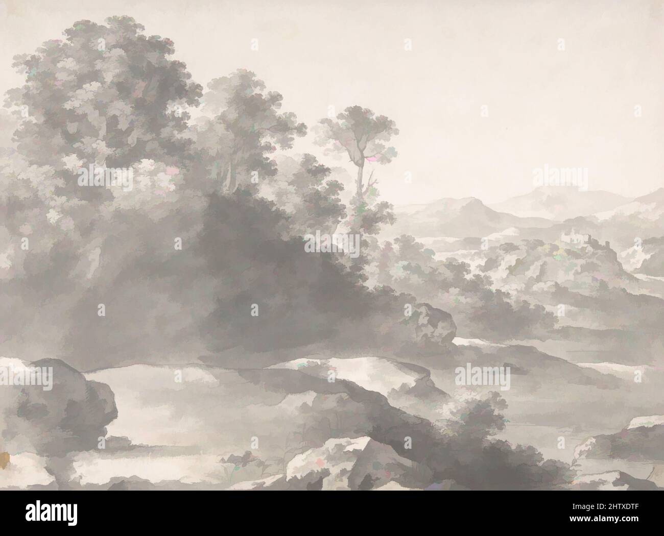 Art Inspired by Landscape, 1609–67, pennello e grigio lavano su gesso nero, foglio: 9 3/16 x 12 7/16 pollici (23,3 x 31,6 cm), disegni, Cornelis van Poelenburch (olandese, Utrecht (?) 1594/95–1667 Utrecht, opere classiche modernizzate da Artotop con un tocco di modernità. Forme, colore e valore, impatto visivo accattivante sulle emozioni artistiche attraverso la libertà delle opere d'arte in modo contemporaneo. Un messaggio senza tempo che persegue una nuova direzione selvaggiamente creativa. Artisti che si rivolgono al supporto digitale e creano l'NFT Artotop Foto Stock