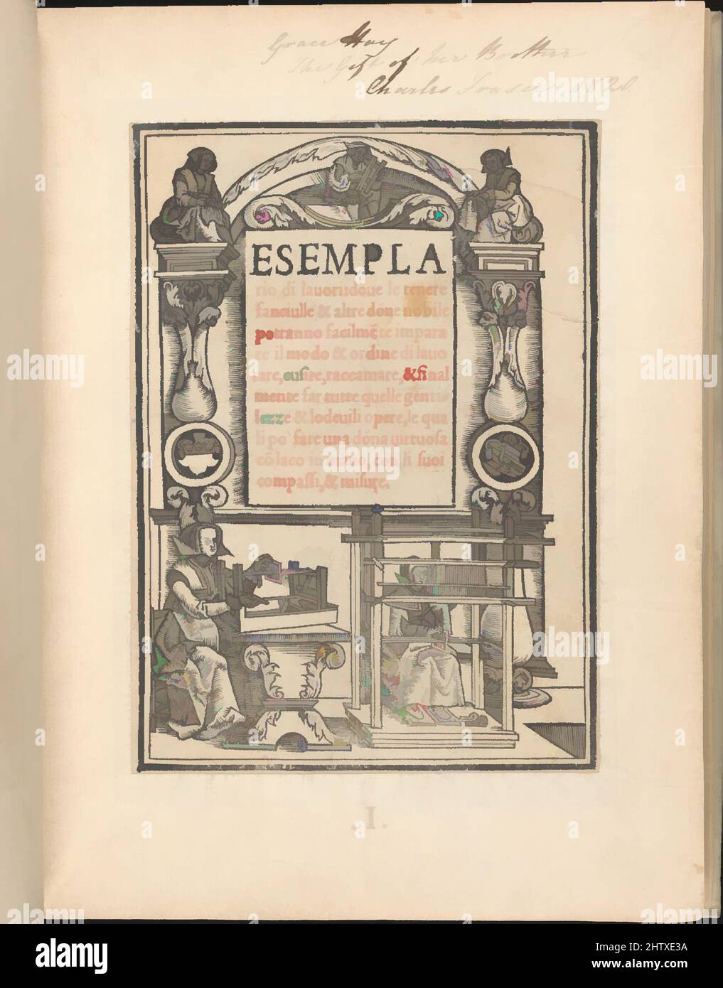 Arte ispirata a Semplario di lavori, agosto 1529, Woodcut (pagine intarsiate, legatura moderna in vellum), 9 5/16 x 7 1/4 x 15/16 pollici. (23,7 x 18,4 x 2,4 cm), edito da Nicolo Zoppino, italiano, attivo 16th secolo, Venezia. Pagina del titolo illustrata, prefazione, 31 pagine di disegni, dispositivo della stampante, opere classiche modernizzate da Artotop con un tuffo di modernità. Forme, colore e valore, impatto visivo accattivante sulle emozioni artistiche attraverso la libertà delle opere d'arte in modo contemporaneo. Un messaggio senza tempo che persegue una nuova direzione selvaggiamente creativa. Artisti che si rivolgono al supporto digitale e creano l'NFT Artotop Foto Stock