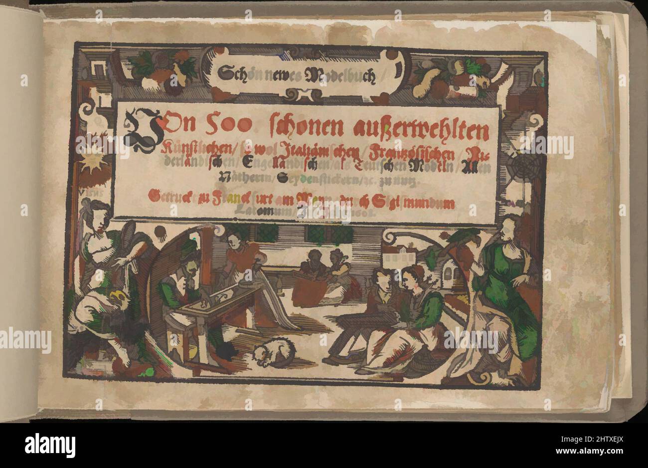 Art Inspired by Schön Newes Modelbuch, 1608, Woodcut, tuta: 4 1/2 x 6 11/16" (11,5 x 17 cm), pubblicato da Sigismundus Latomus, Francoforte sul meno Pagina del titolo illustrata e colorata a mano, 94 pagine di disegni per merletti e ricami. Lotz cita due edizioni, la prima apparsa nel 1606, opere classiche modernizzate da Artotop con un tuffo di modernità. Forme, colore e valore, impatto visivo accattivante sulle emozioni artistiche attraverso la libertà delle opere d'arte in modo contemporaneo. Un messaggio senza tempo che persegue una nuova direzione selvaggiamente creativa. Artisti che si rivolgono al supporto digitale e creano l'NFT Artotop Foto Stock