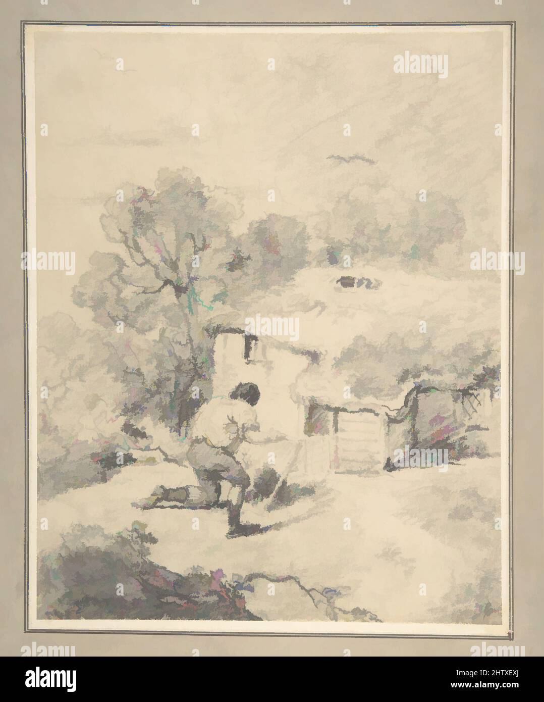 Art Inspired by Landscape with Figure, 1763–1804, gesso nero su carta da stampa biancastra, posato su supporto wash-line grigio, posato a bordo, foglio: 9 1/8 x 7 1/4 poll. (23,2 x 18,4 cm), disegni, George Morland (British, Londra 1763–1804 Londra, opere classiche modernizzate da Artotop con un tuffo di modernità. Forme, colore e valore, impatto visivo accattivante sulle emozioni artistiche attraverso la libertà delle opere d'arte in modo contemporaneo. Un messaggio senza tempo che persegue una nuova direzione selvaggiamente creativa. Artisti che si rivolgono al supporto digitale e creano l'NFT Artotop Foto Stock