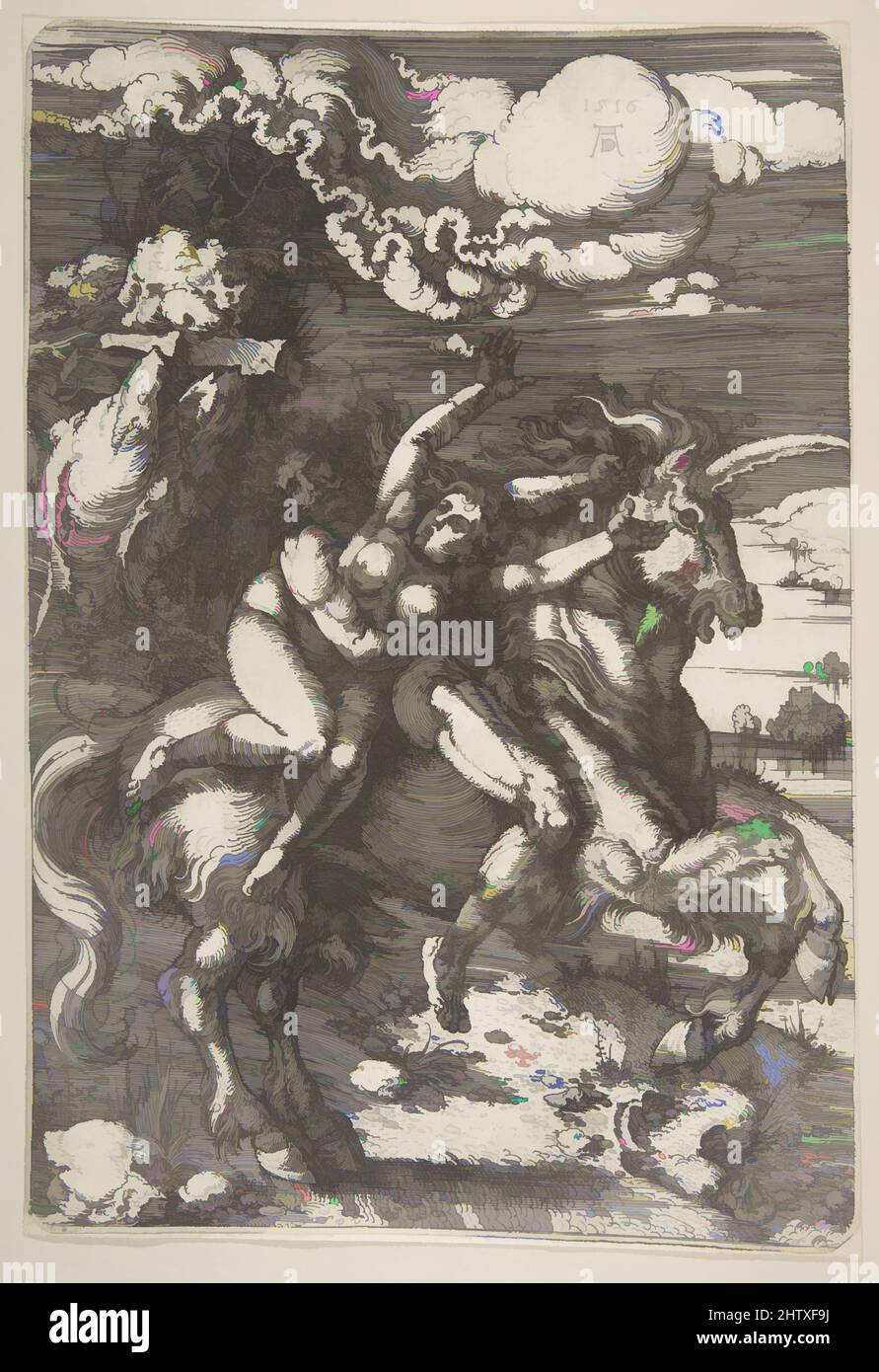 Arte ispirata da Abduction of Proserpine, n.d., Etching, foglio: 12 3/8 x 8 7/16 poll. (31,4 x 21,4 cm) rifinito a Plate line, Prints, Albrecht Dürer (tedesco, Norimberga 1471–1528 Norimberga, opere classiche modernizzate da Artotop con un tuffo di modernità. Forme, colore e valore, impatto visivo accattivante sulle emozioni artistiche attraverso la libertà delle opere d'arte in modo contemporaneo. Un messaggio senza tempo che persegue una nuova direzione selvaggiamente creativa. Artisti che si rivolgono al supporto digitale e creano l'NFT Artotop Foto Stock