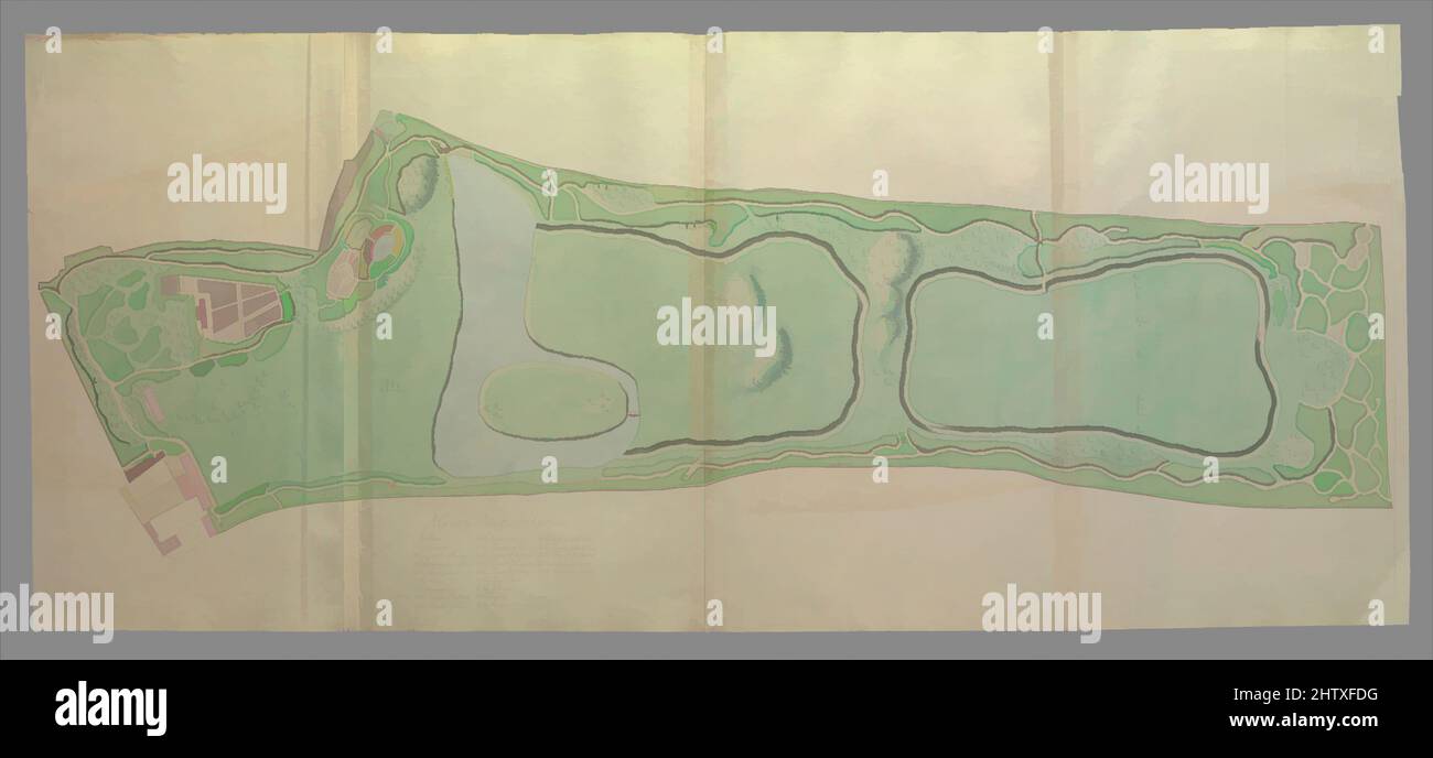 Arte ispirata dal piano Generale dei Giardini a Kew, 1763, acquerello e inchiostro, foglio: 20 7/8 x 47 5/8 pollici (53 x 121 cm), Leaf 44 in William Chambers album di disegni, 'piani, elevazioni, sezioni, e viste prospettiche dei giardini e degli edifici di Kew' (25,19, opere classiche modernizzate da Artotop con un tuffo di modernità. Forme, colore e valore, impatto visivo accattivante sulle emozioni artistiche attraverso la libertà delle opere d'arte in modo contemporaneo. Un messaggio senza tempo che persegue una nuova direzione selvaggiamente creativa. Artisti che si rivolgono al supporto digitale e creano l'NFT Artotop Foto Stock