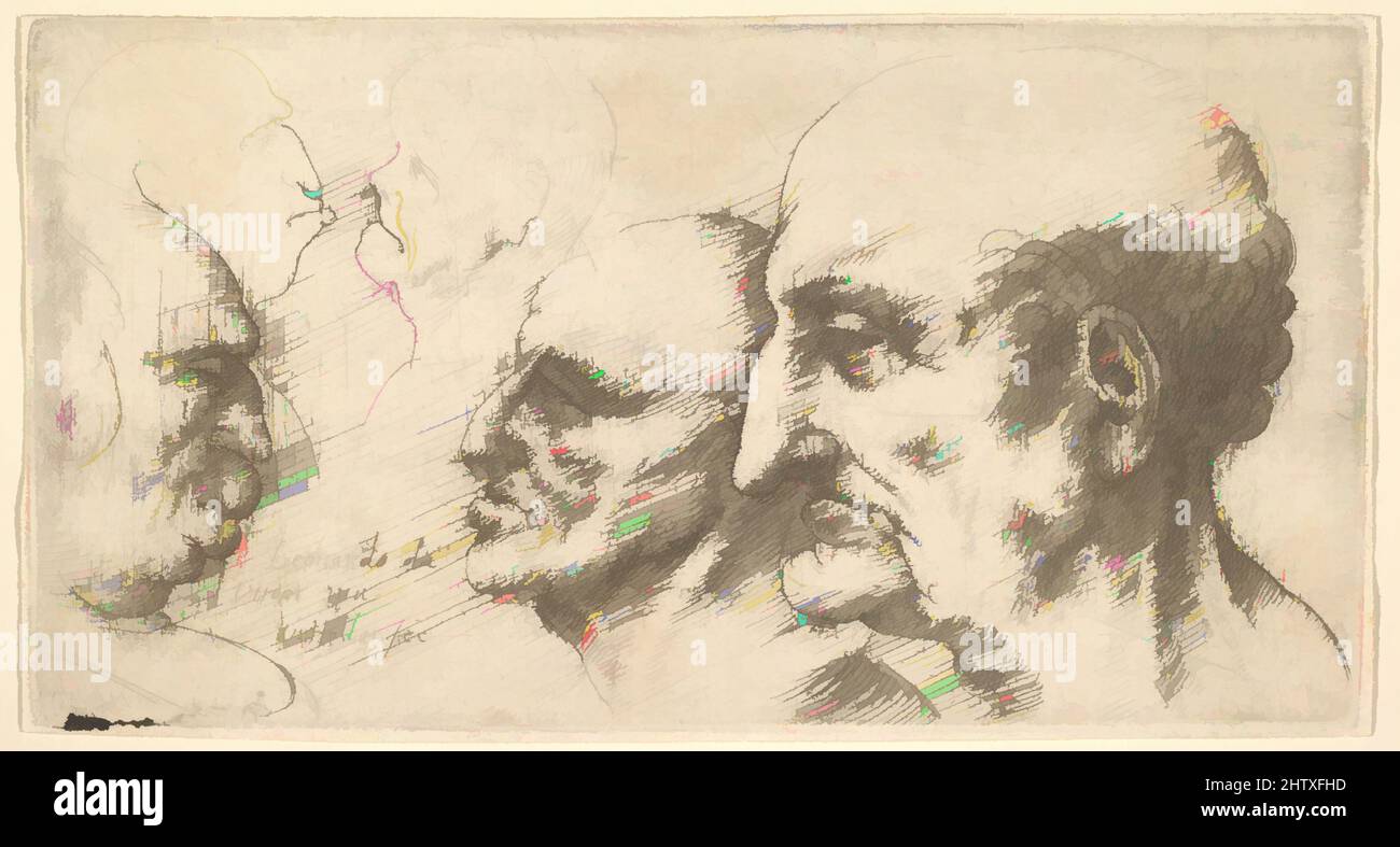 Art Inspired by Five Heads, 1625–77, Etching; only state, plate: 2 1/16 x 3 7/8 poll. (5,2 x 9,8 cm) con margini di filo, stampe, dopo Leonardo da Vinci (italiano, Vinci 1452–1519 Amboise), due uomini vecchi si affacciano a sinistra e un uomo deformato con mento bulboso e labbra rivolte a destra; più piccoli, opere classiche modernizzate da Artotop con un tuffo di modernità. Forme, colore e valore, impatto visivo accattivante sulle emozioni artistiche attraverso la libertà delle opere d'arte in modo contemporaneo. Un messaggio senza tempo che persegue una nuova direzione selvaggiamente creativa. Artisti che si rivolgono al supporto digitale e creano l'NFT Artotop Foto Stock