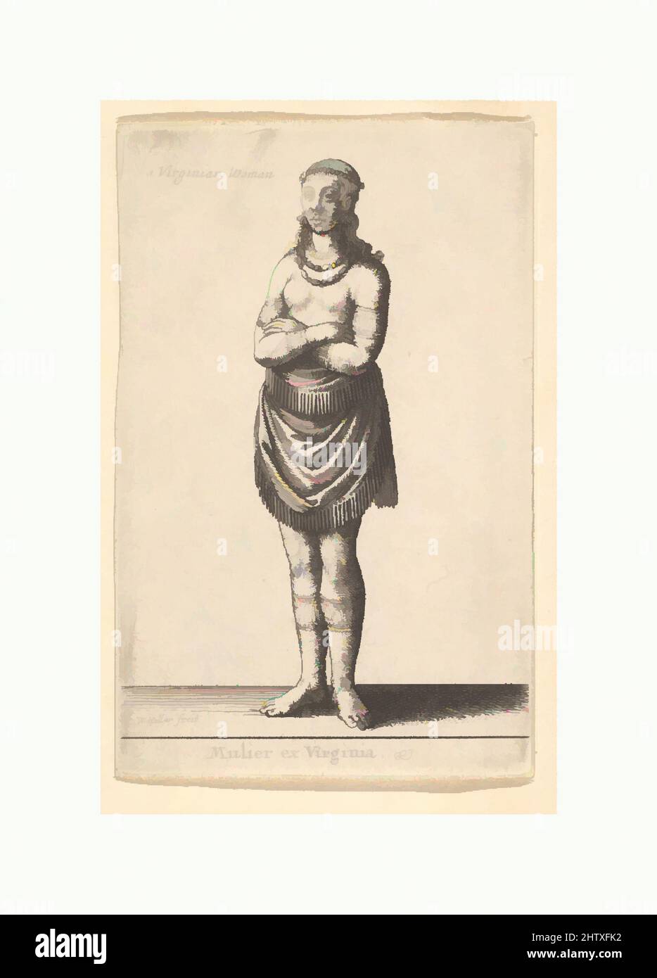 Arte ispirata da Woman of Virginia, ca. 1643, attacco chimico; solo stato, piastra: 3 11/16 x 2 3/8 poll. (9,3 x 6 cm), Prints, Wenceslaus Hollar (Bohemian, Praga 1607–1677 Londra), adattato dalle incisioni di Theodore de Bry dopo John Shite in Thomas Harriot 'A briefa e vero resoconto delle nuove opere classiche modernizzate da Artotop con un tuffo di modernità. Forme, colore e valore, impatto visivo accattivante sulle emozioni artistiche attraverso la libertà delle opere d'arte in modo contemporaneo. Un messaggio senza tempo che persegue una nuova direzione selvaggiamente creativa. Artisti che si rivolgono al supporto digitale e creano l'NFT Artotop Foto Stock