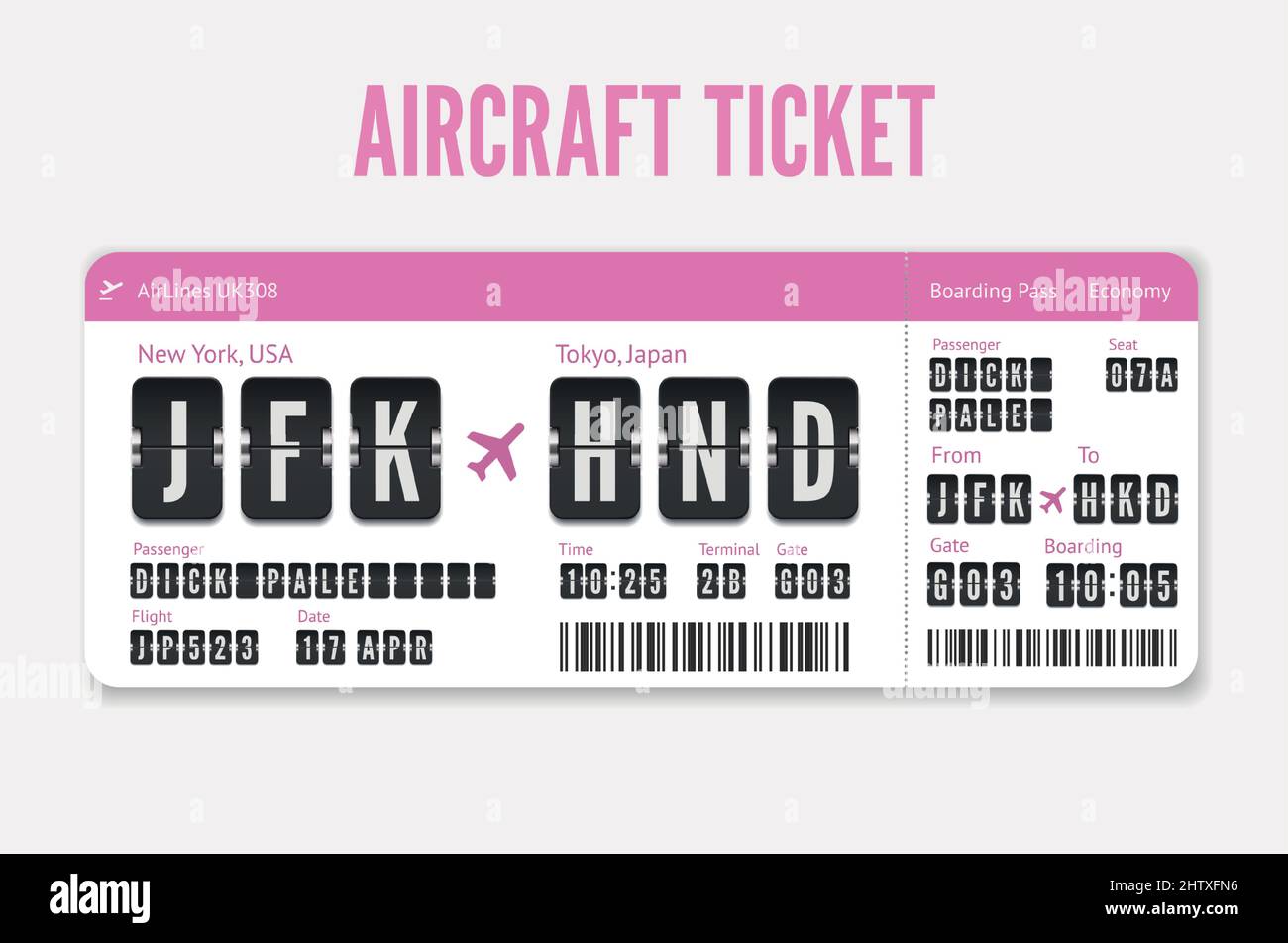 Modello biglietto aereo. Tessera di volo rosa con destinazione a Tokyo, Giappone. Vector Boarding pass isolato su bianco Illustrazione Vettoriale