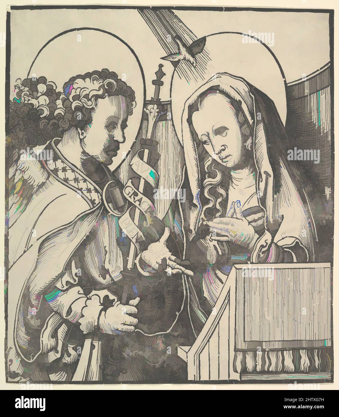 Art Inspired by The Annunciation, 1515, Woodcut, foglio: 11 9/16 x 10 3/16 in. (29,4 x 25,9 cm), stampe, Lucas van Leyden (Olanda, Leida ca. 1494–1533 Leiden, opere classiche modernizzate da Artotop con un tocco di modernità. Forme, colore e valore, impatto visivo accattivante sulle emozioni artistiche attraverso la libertà delle opere d'arte in modo contemporaneo. Un messaggio senza tempo che persegue una nuova direzione selvaggiamente creativa. Artisti che si rivolgono al supporto digitale e creano l'NFT Artotop Foto Stock