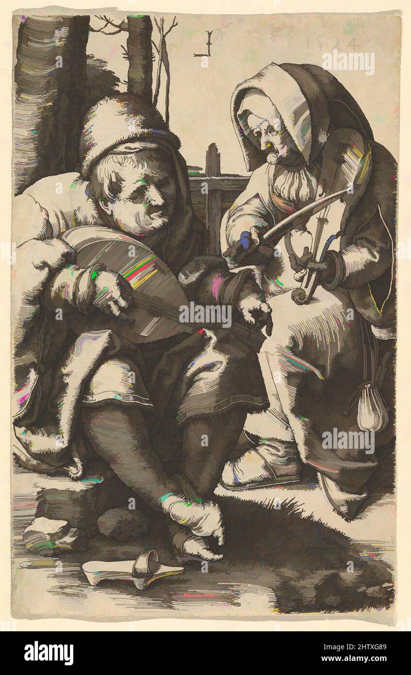 Art Inspired by the Musicians, 1524, incisione, foglio: 4 5/8 x 3 poll. (11,7 x 7,6 cm), stampe, Lucas van Leyden (Olanda, Leida ca. 1494–1533 Leiden, opere classiche modernizzate da Artotop con un tocco di modernità. Forme, colore e valore, impatto visivo accattivante sulle emozioni artistiche attraverso la libertà delle opere d'arte in modo contemporaneo. Un messaggio senza tempo che persegue una nuova direzione selvaggiamente creativa. Artisti che si rivolgono al supporto digitale e creano l'NFT Artotop Foto Stock