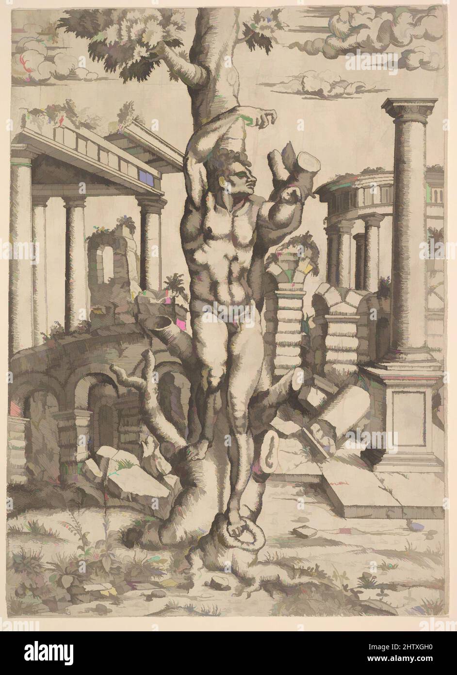 Art Inspired by Man Attached to a Tree, 1543-44, Etching, foglio: 12 1/16 x 8 3/4 poll. (30,6 x 22,3 cm), stampe, Master i 0 V (attivo ca. 1542–45), dopo Michelangelo Buonarroti (italiano, Caprese 1475–1564 Roma, opere classiche modernizzate da Artotop con un tuffo di modernità. Forme, colore e valore, impatto visivo accattivante sulle emozioni artistiche attraverso la libertà delle opere d'arte in modo contemporaneo. Un messaggio senza tempo che persegue una nuova direzione selvaggiamente creativa. Artisti che si rivolgono al supporto digitale e creano l'NFT Artotop Foto Stock