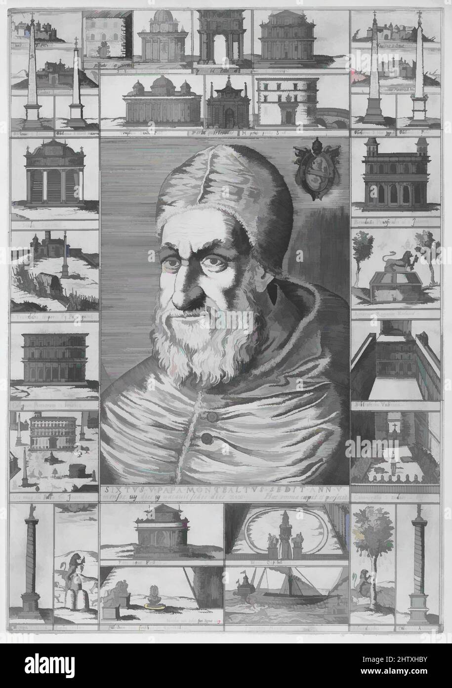 Arte ispirata dal Ritratto di Sisto V, ca. 1589, incisione e incisione, piastra: 20 1/16 x 14 poll. (50,9 x 35,5 cm), stampe, opere classiche modernizzate da Artotop con un tuffo di modernità. Forme, colore e valore, impatto visivo accattivante sulle emozioni artistiche attraverso la libertà delle opere d'arte in modo contemporaneo. Un messaggio senza tempo che persegue una nuova direzione selvaggiamente creativa. Artisti che si rivolgono al supporto digitale e creano l'NFT Artotop Foto Stock