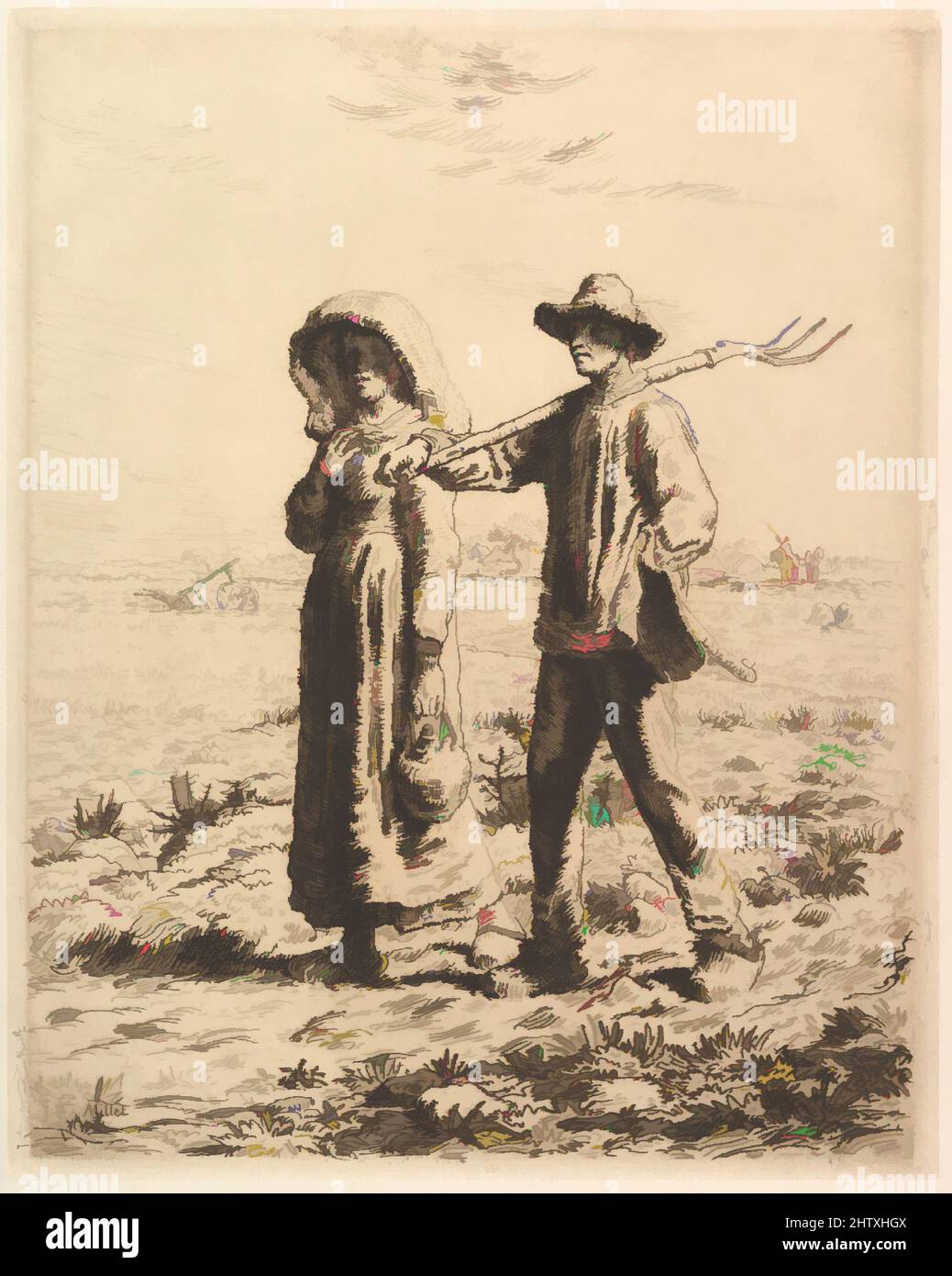 Arte ispirata ai contadini che vanno al lavoro, 1863, incisione in inchiostro marrone su carta deposta; settimo stato di sette, piastra: 15 3/16 x 12 1/16 pollici. (38,6 x 30,7 cm), Prints, Jean-Francois Millet (francese, Gruchy 1814–1875 Barbizon, opere classiche modernizzate da Artotop con un tuffo di modernità. Forme, colore e valore, impatto visivo accattivante sulle emozioni artistiche attraverso la libertà delle opere d'arte in modo contemporaneo. Un messaggio senza tempo che persegue una nuova direzione selvaggiamente creativa. Artisti che si rivolgono al supporto digitale e creano l'NFT Artotop Foto Stock