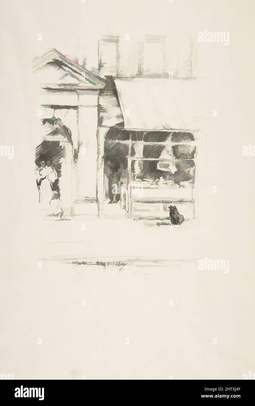 Art Inspired by The Butcher's Dog, 1896, litografia Transfer, disegnata su carta di trasferimento bianca con trama in pietra granata; quarto stato di quattro; stampata con inchiostro nero su carta avorio di peso medio, immagine: 7 1/8 x 5 3/16 pollici (18,1 x 13,1 cm), Prints, James McNeill Whistler (americano, opere classiche modernizzate da Artotop con un tuffo di modernità. Forme, colore e valore, impatto visivo accattivante sulle emozioni artistiche attraverso la libertà delle opere d'arte in modo contemporaneo. Un messaggio senza tempo che persegue una nuova direzione selvaggiamente creativa. Artisti che si rivolgono al supporto digitale e creano l'NFT Artotop Foto Stock