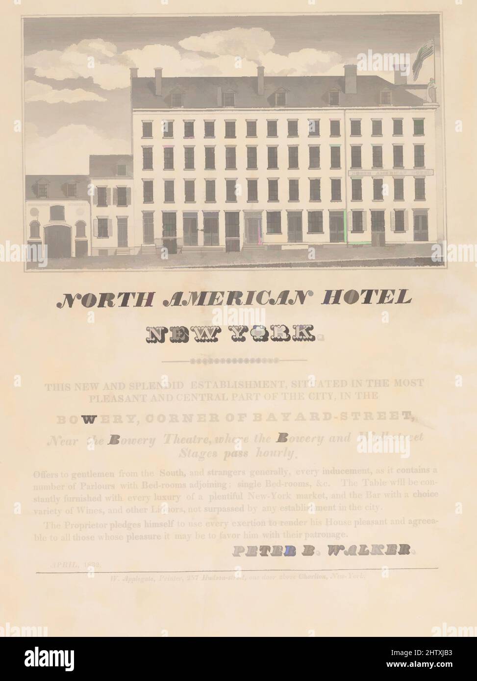 Art Inspired by North American Hotel, New York, aprile 1832, incisione e incisione, foglio: 12 1/8 x 9 3/4 pollici (30,8 x 24,8 cm), stampe, opere classiche modernizzate da Artotop con un tuffo di modernità. Forme, colore e valore, impatto visivo accattivante sulle emozioni artistiche attraverso la libertà delle opere d'arte in modo contemporaneo. Un messaggio senza tempo che persegue una nuova direzione selvaggiamente creativa. Artisti che si rivolgono al supporto digitale e creano l'NFT Artotop Foto Stock